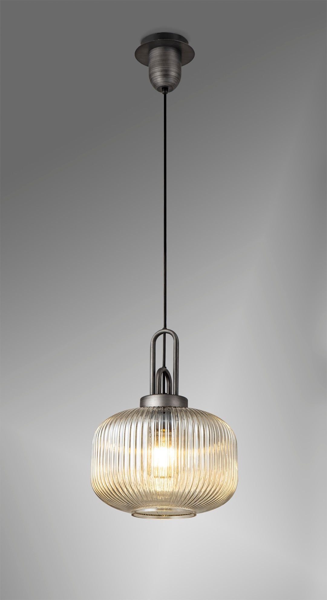 Cadiz 1 Light Pendant E27 30cm Pumpkin Shaped Ribbed Glass, Champagne Black/Aged Pewter