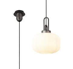 Cadiz 1 Light Pendant E27 With 30cm Pumpkin Shaped Ribbed Glass, Opal Black/Aged Pewter