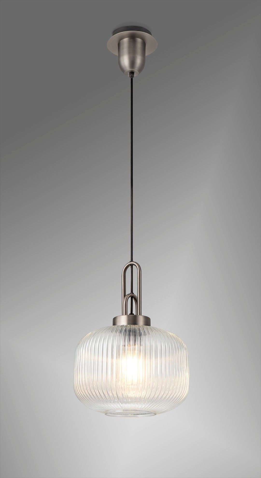 Cadiz 1 Light Pendant E27 30cm Pumpkin Shaped Ribbed Glass, Clear Antique Silver/Black