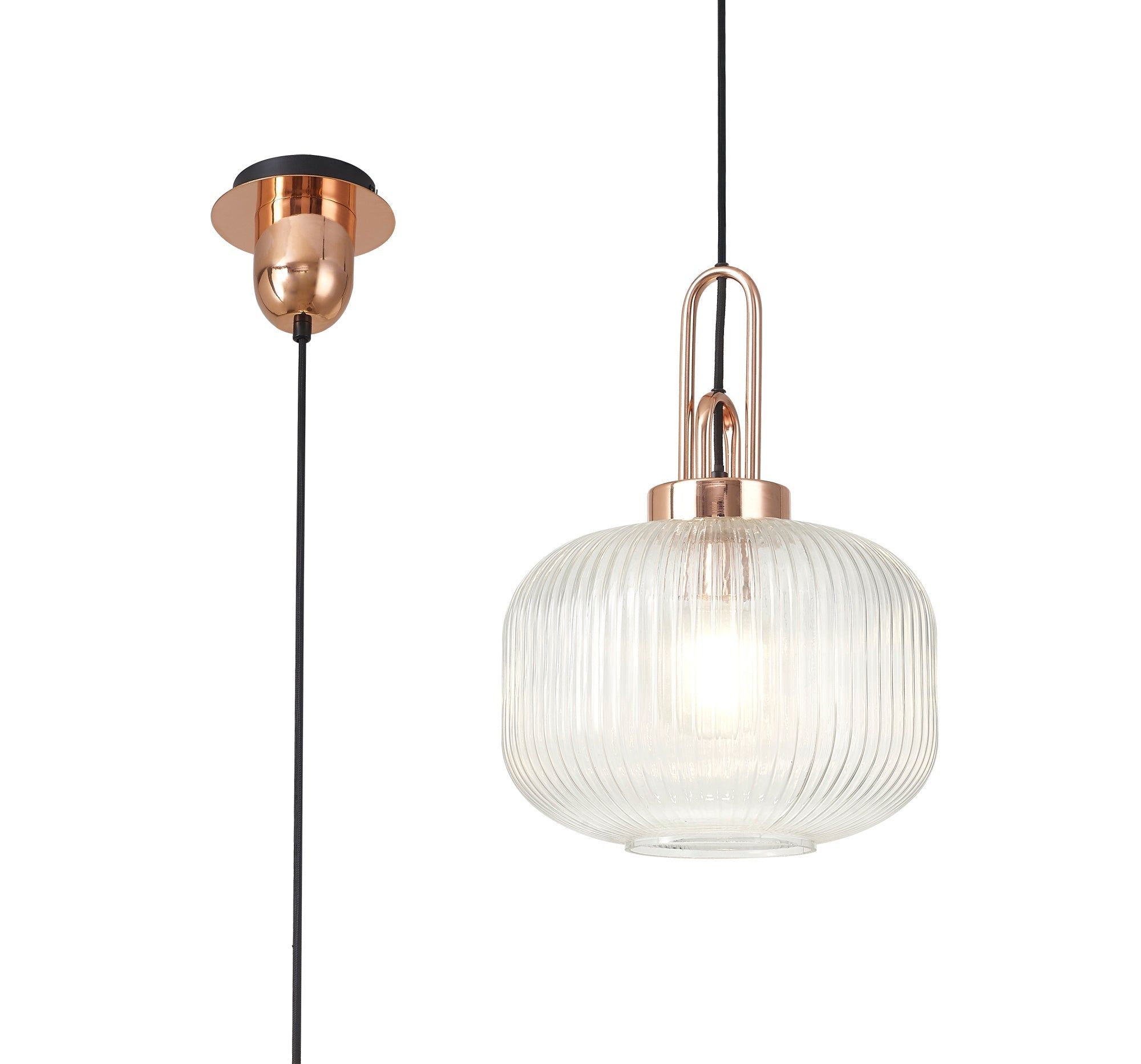 Cadiz 1 Light Pendant E27 With 30cm Pumpkin Shaped Ribbed Glass, Clear Copper/Matt Black