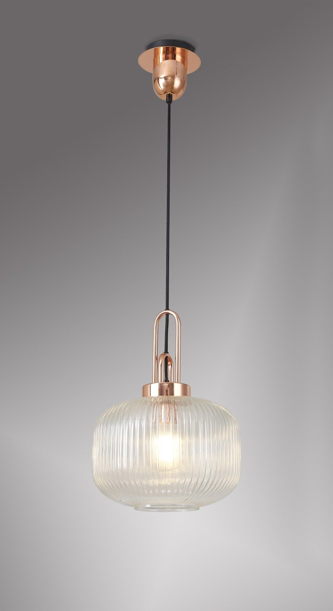 Cadiz 1 Light Pendant E27 With 30cm Pumpkin Shaped Ribbed Glass, Clear Copper/Matt Black