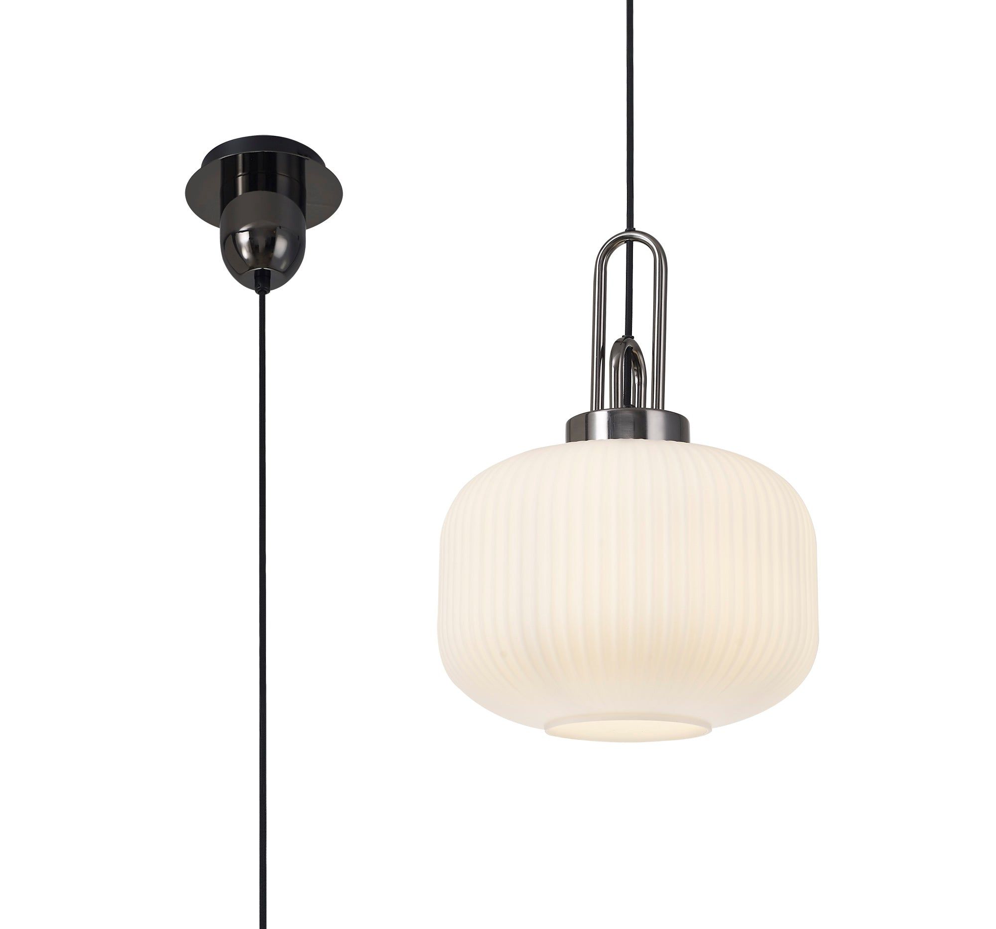 Cadiz 1 Light Pendant E27 With 30cm Pumpkin Shaped Ribbed Glass, Opal Black Chrome/Matt Black