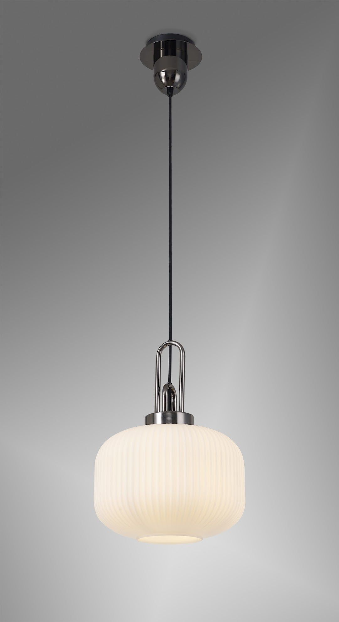 Cadiz 1 Light Pendant E27 With 30cm Pumpkin Shaped Ribbed Glass, Opal Black Chrome/Matt Black