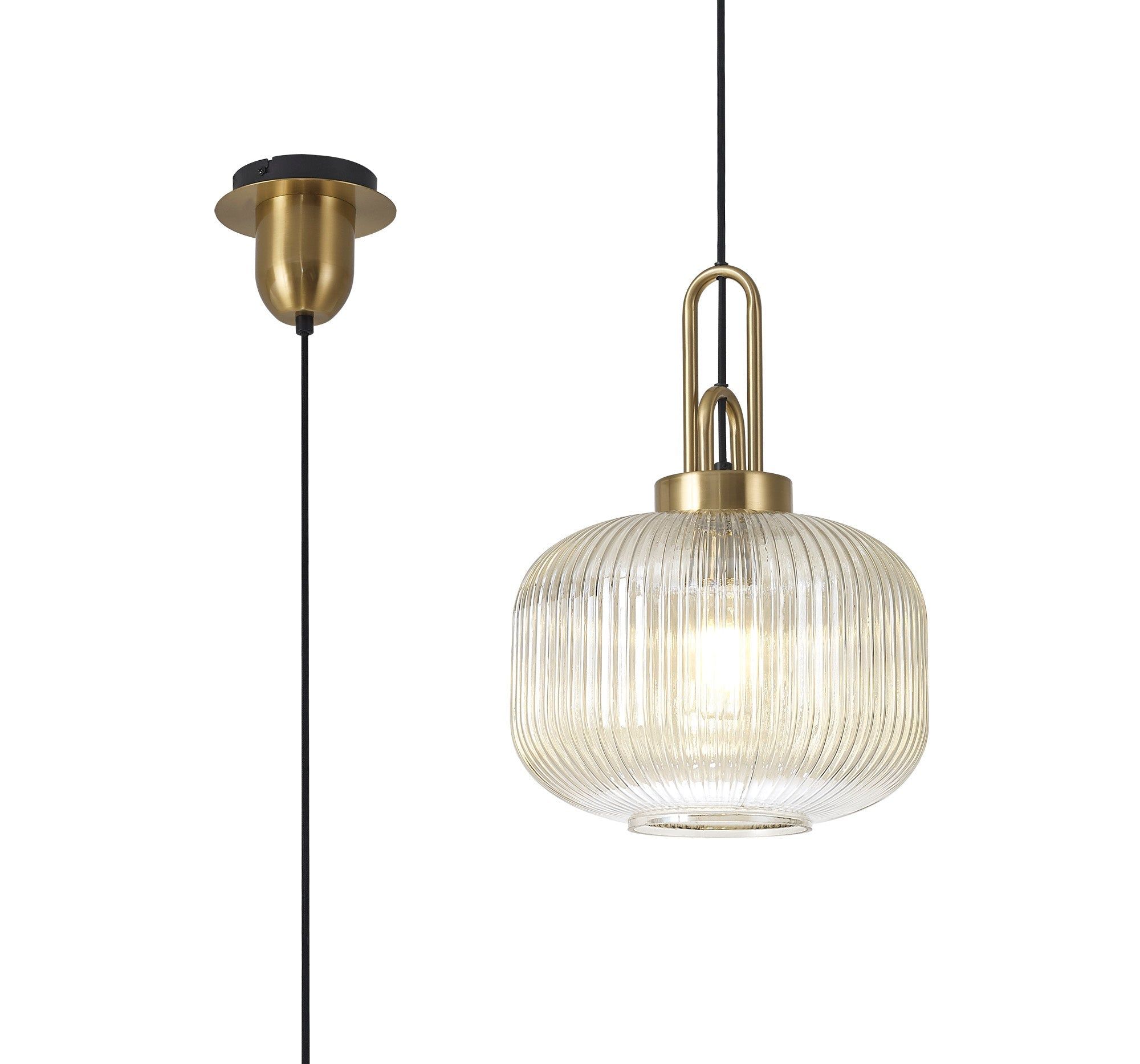 Cadiz 1 Light Pendant E27 With 30cm Pumpkin Shaped Ribbed Glass, Champagne Brass Gold/Matt Black