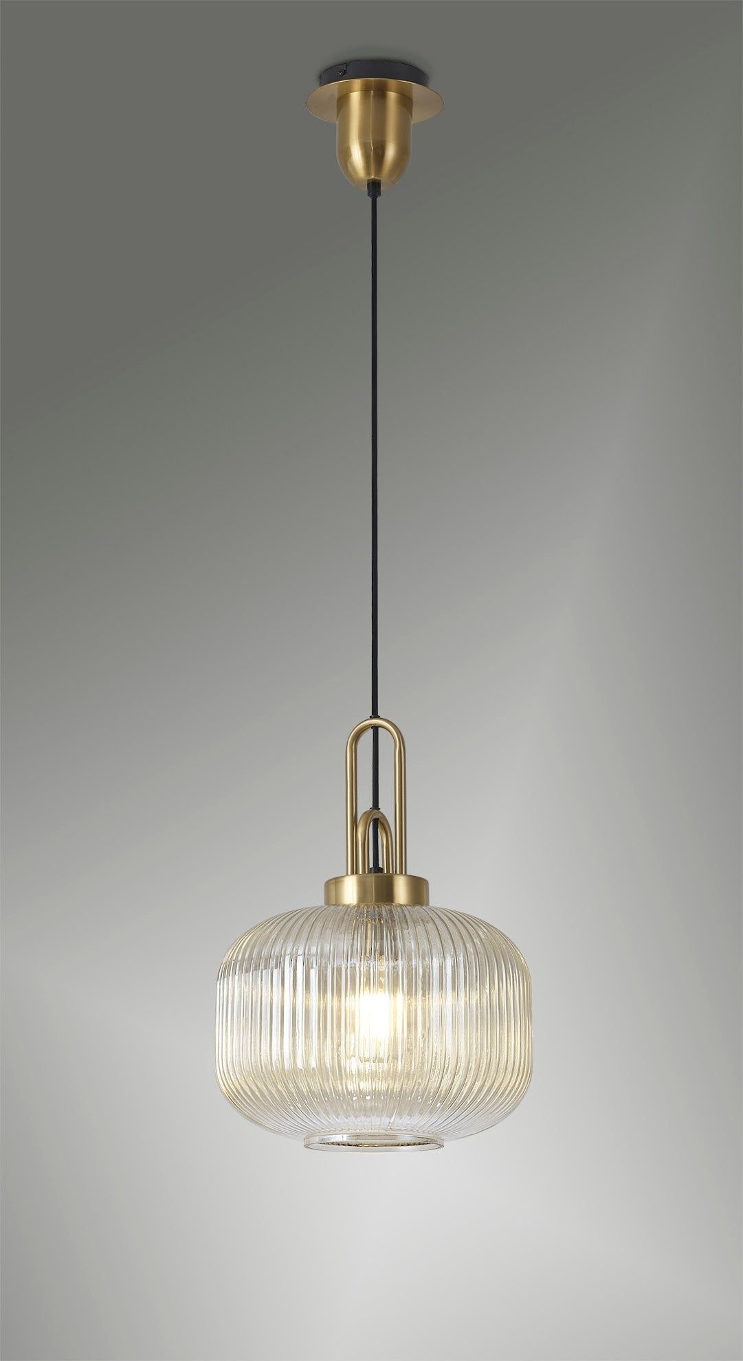 Cadiz 1 Light Pendant E27 With 30cm Pumpkin Shaped Ribbed Glass, Champagne Brass Gold/Matt Black