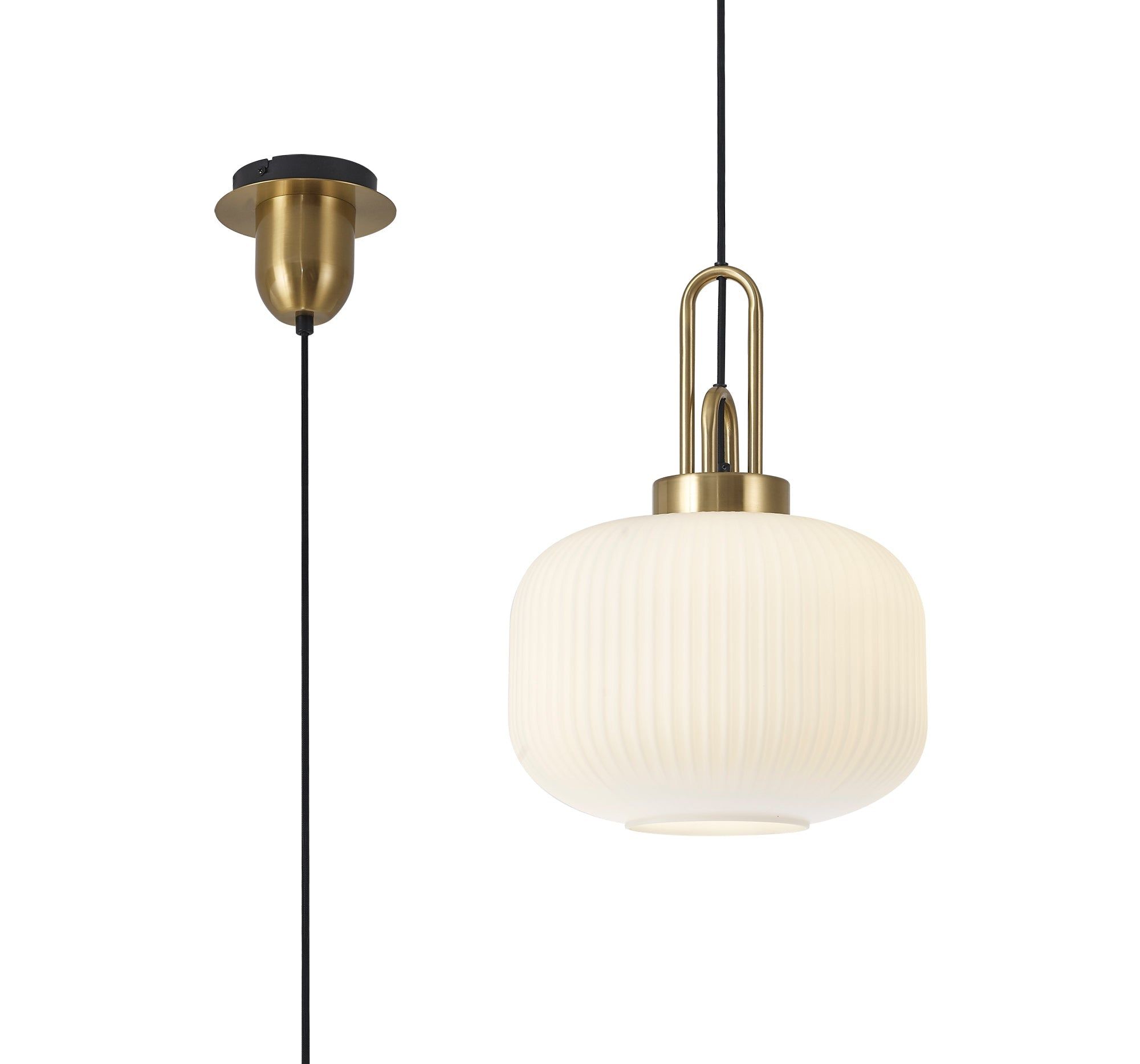 Cadiz 1 Light Pendant E27 With 30cm Pumpkin Shaped Ribbed Glass, Opal Brass Gold/Matt Black