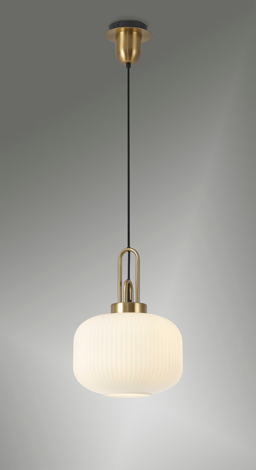 Cadiz 1 Light Pendant E27 With 30cm Pumpkin Shaped Ribbed Glass, Opal Brass Gold/Matt Black