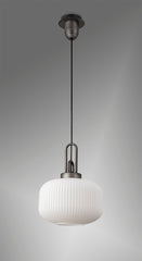 Cadiz 1 Light Pendant E27 With 30cm Pumpkin Shaped Ribbed Glass, Opal Black/Aged Pewter