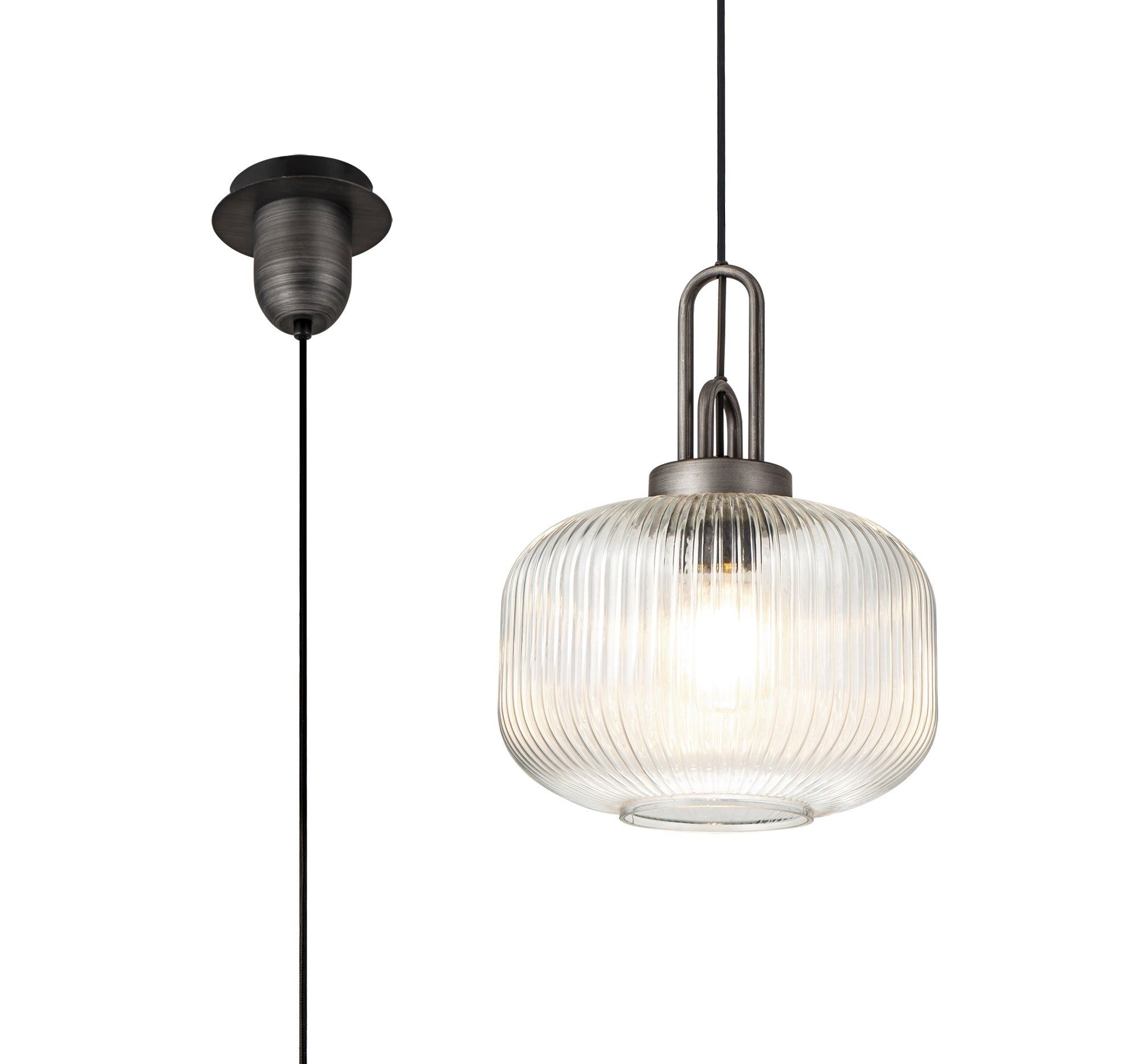 Cadiz 1 Light Pendant E27 With 30cm Pumpkin Shaped Ribbed Glass, Opal Black/Aged Pewter