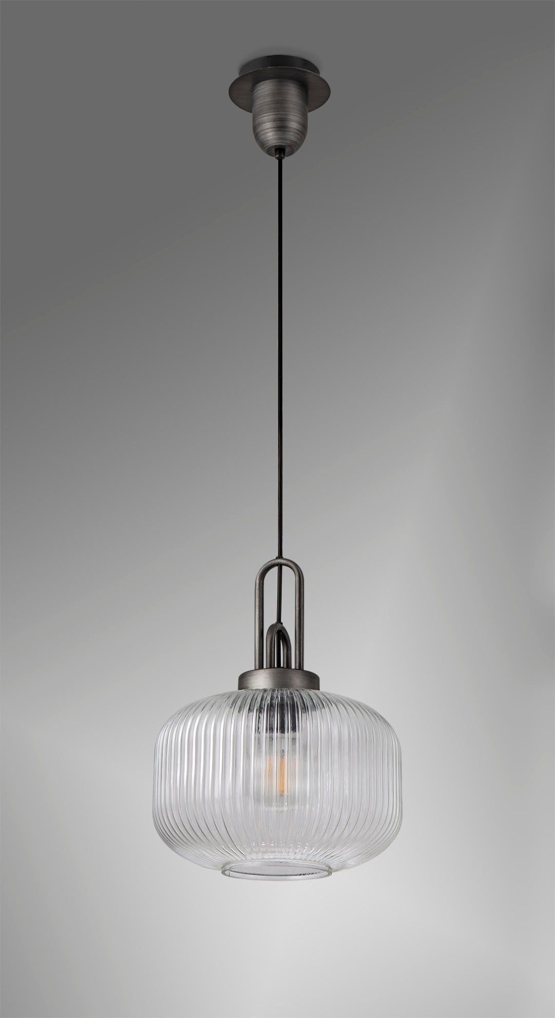 Cadiz 1 Light Pendant E27 With 30cm Pumpkin Shaped Ribbed Glass, Opal Black/Aged Pewter