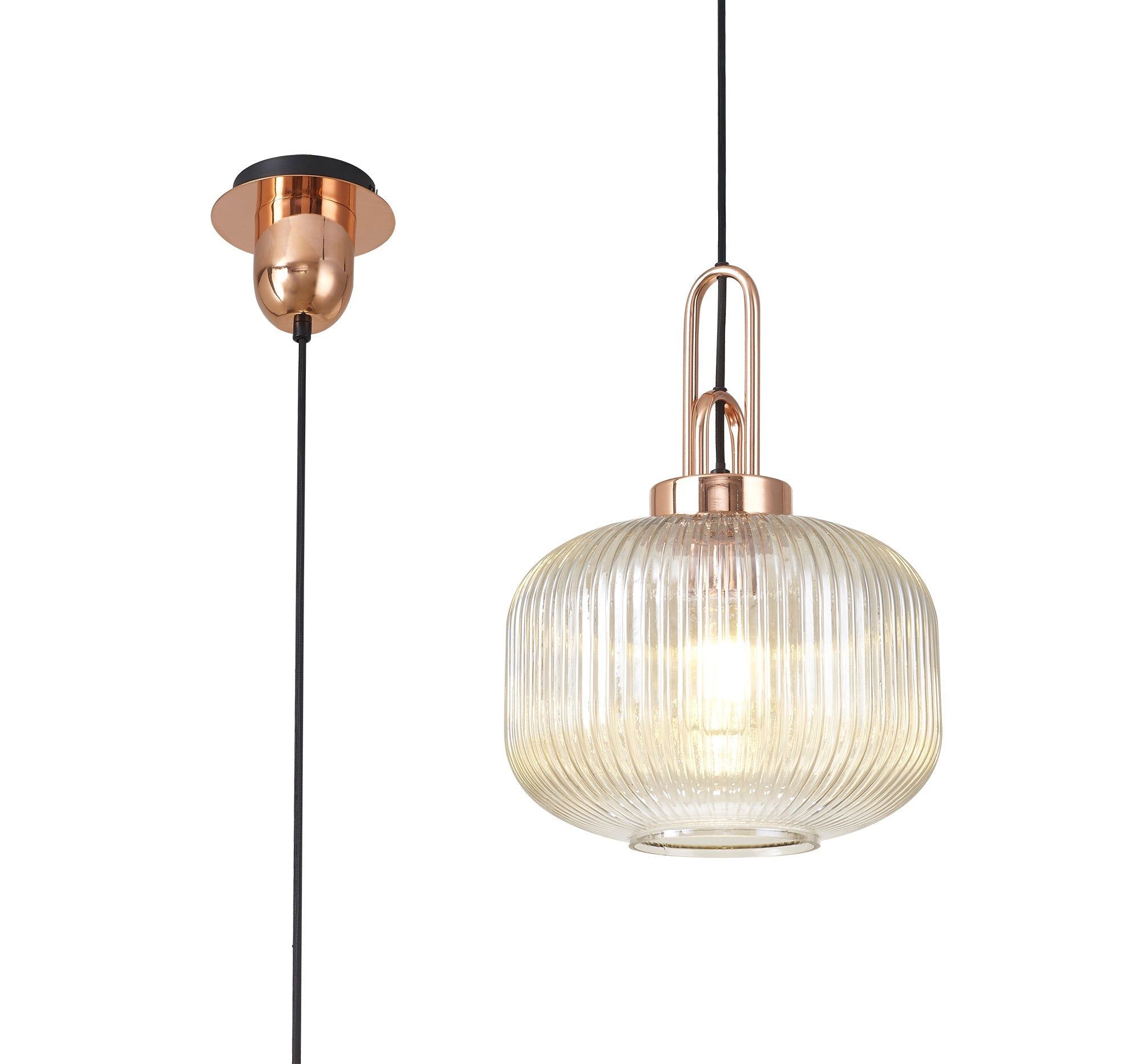 Cadiz 1 Light Pendant E27 With 30cm Pumpkin Shaped Ribbed Glass, Opal Black/Aged Pewter