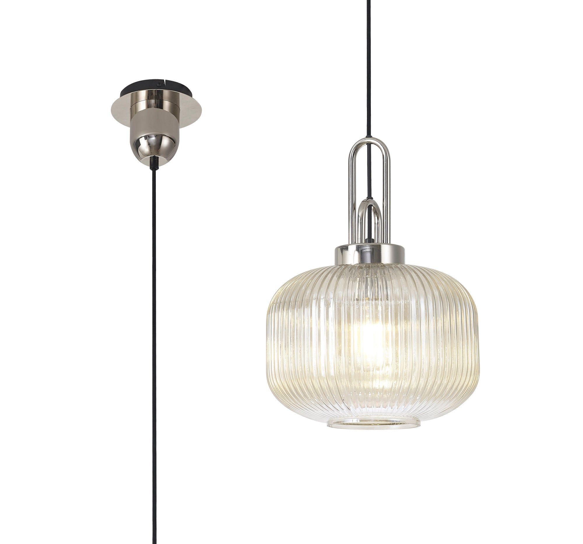 Cadiz 1 Light Pendant E27 With 30cm Pumpkin Shaped Ribbed Glass, Champagne Polished Nickel/Matt Black