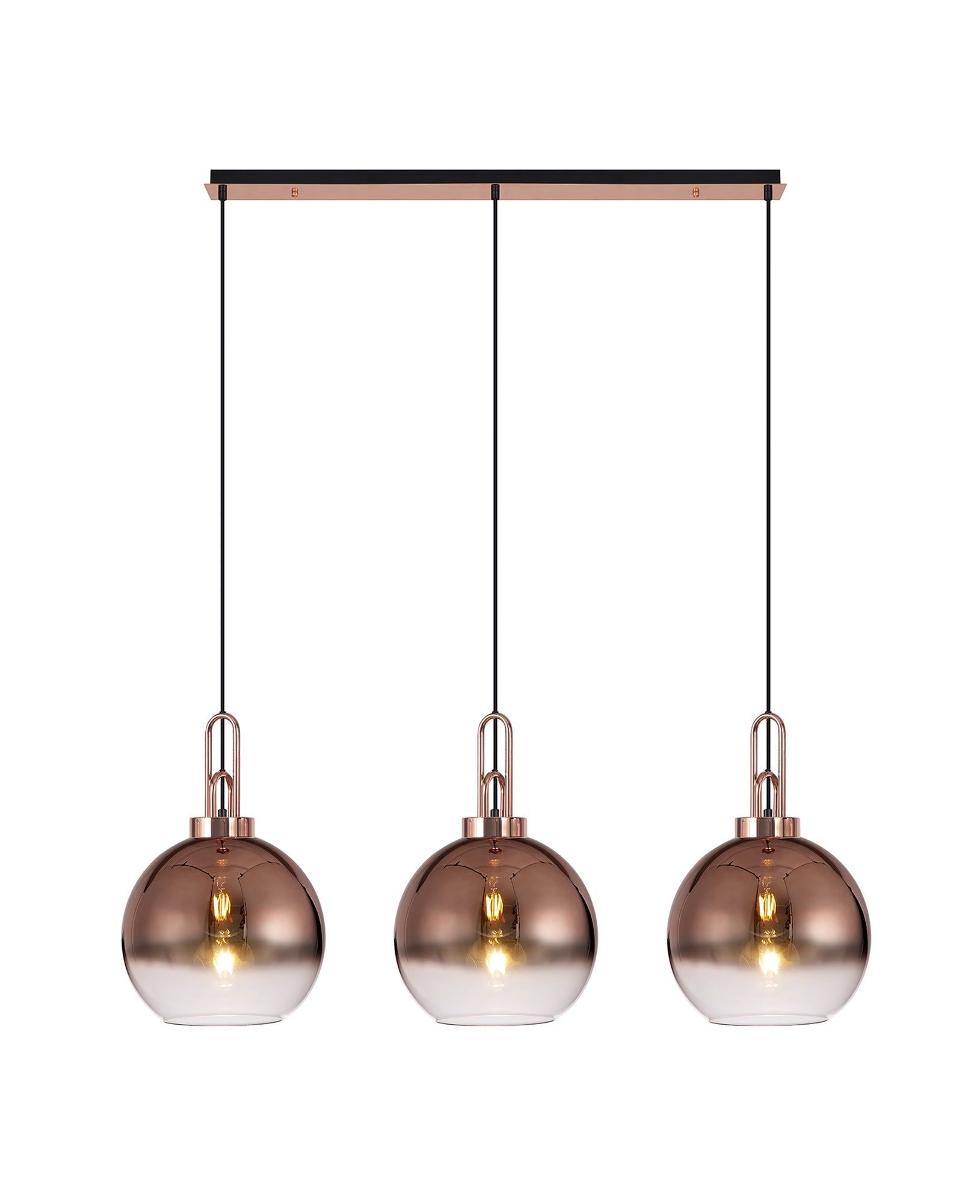 Cadiz Linear 3 Light Pendant E27 With 30cm Globe Glass, Copper/Clear Copper/Matt Black 