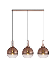 Cadiz Linear 3 Light Pendant E27 With 30cm Globe Glass, Copper/Clear Copper/Matt Black 