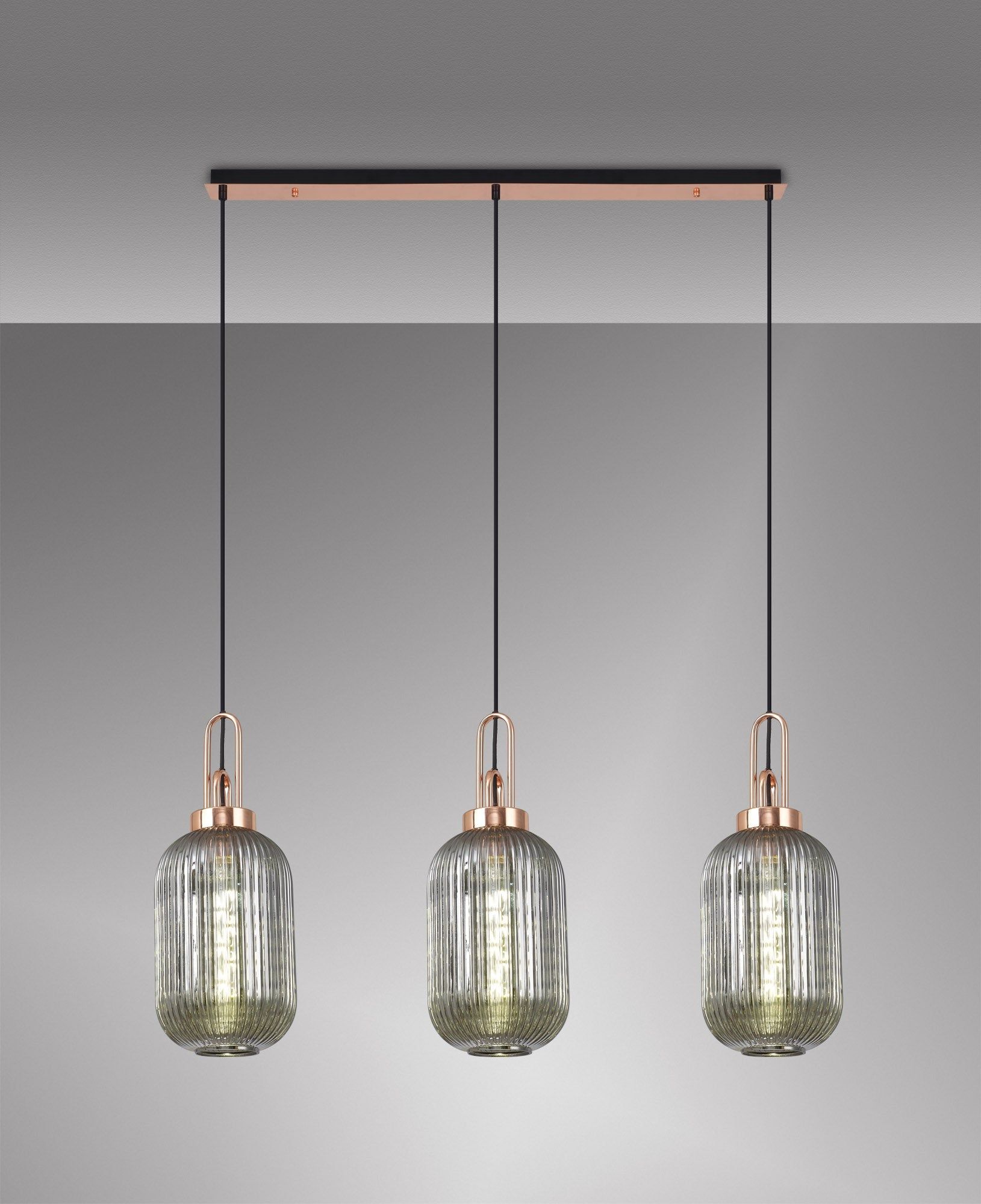 Cadiz Linear 3 Light Pendant E27 With 20cm Tubular Ribbed Glass, Smoked Copper/Matt Black