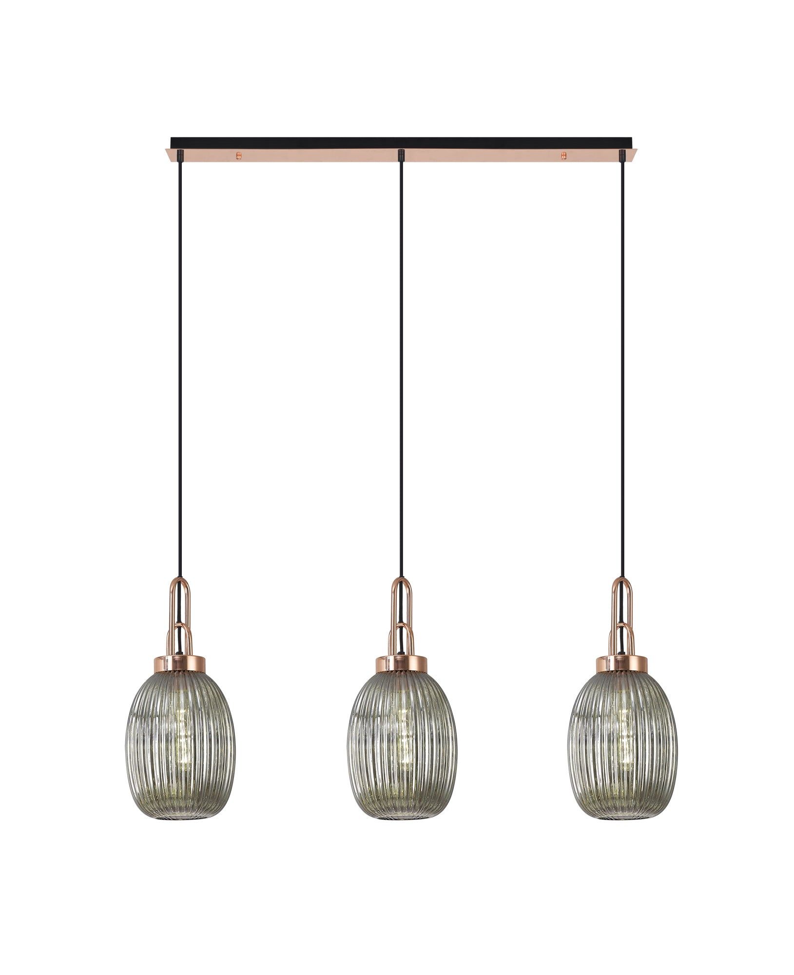 Cadiz Linear 3 Light Pendant E27 With 20cm Almond Ribbed Glass, Smoked Copper/Matt Black