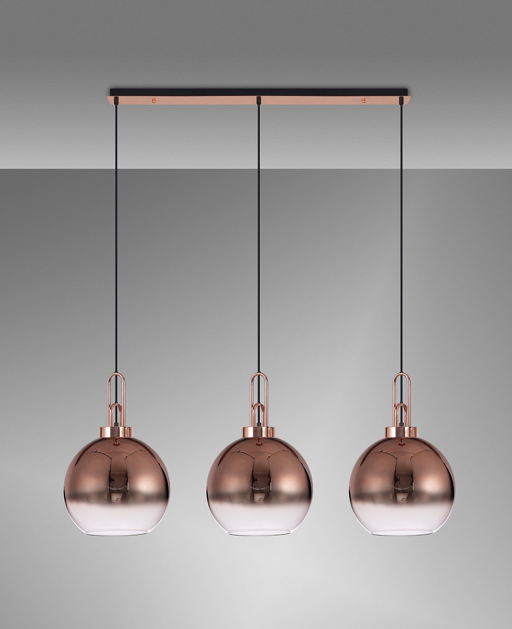 Cadiz Linear 3 Light Pendant E27 With 30cm Globe Glass, Copper/Clear Copper/Matt Black