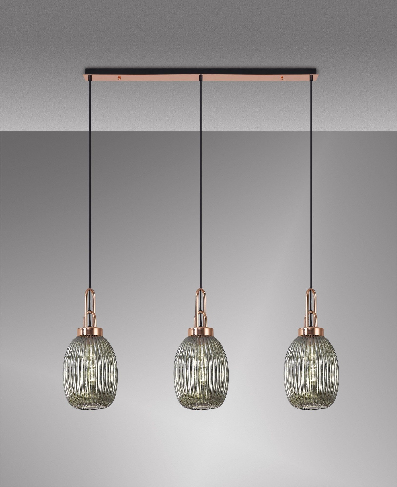 Cadiz Linear 3 Light Pendant E27 With 20cm Almond Ribbed Glass, Smoked Copper/Matt Black