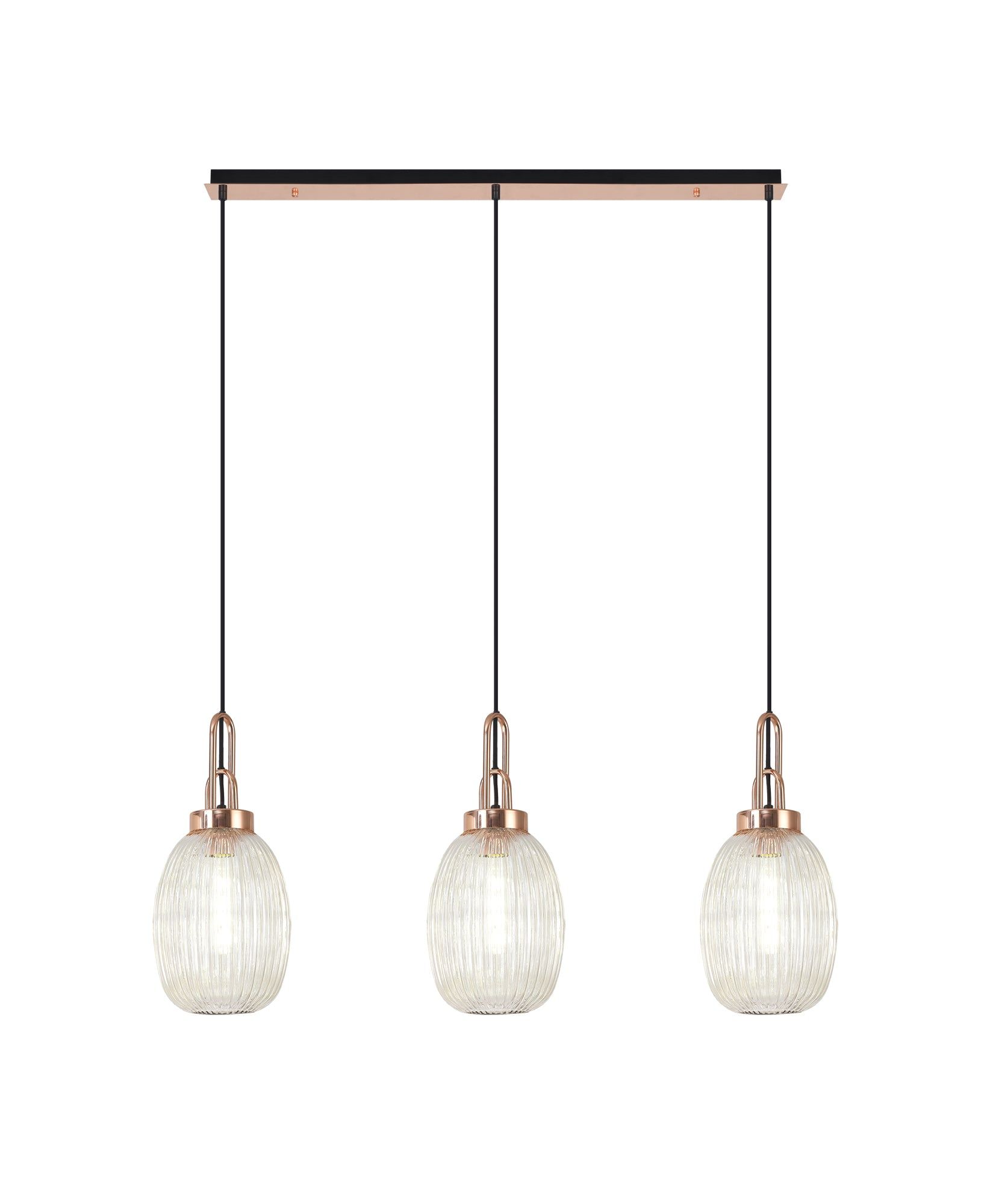 Cadiz Acree Linear 3 Light Pendant E27 With 20cm Almond Ribbed Glass, Champagne Copper/Matt Black
