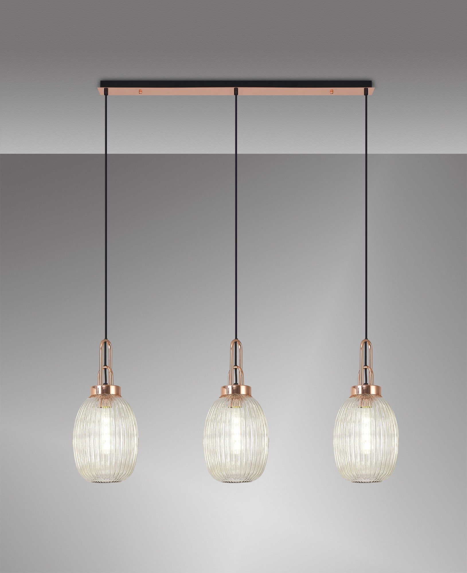 Cadiz Linear 3 Light Pendant E27 With 20cm Almond Ribbed Glass, Champagne Copper/Matt Black