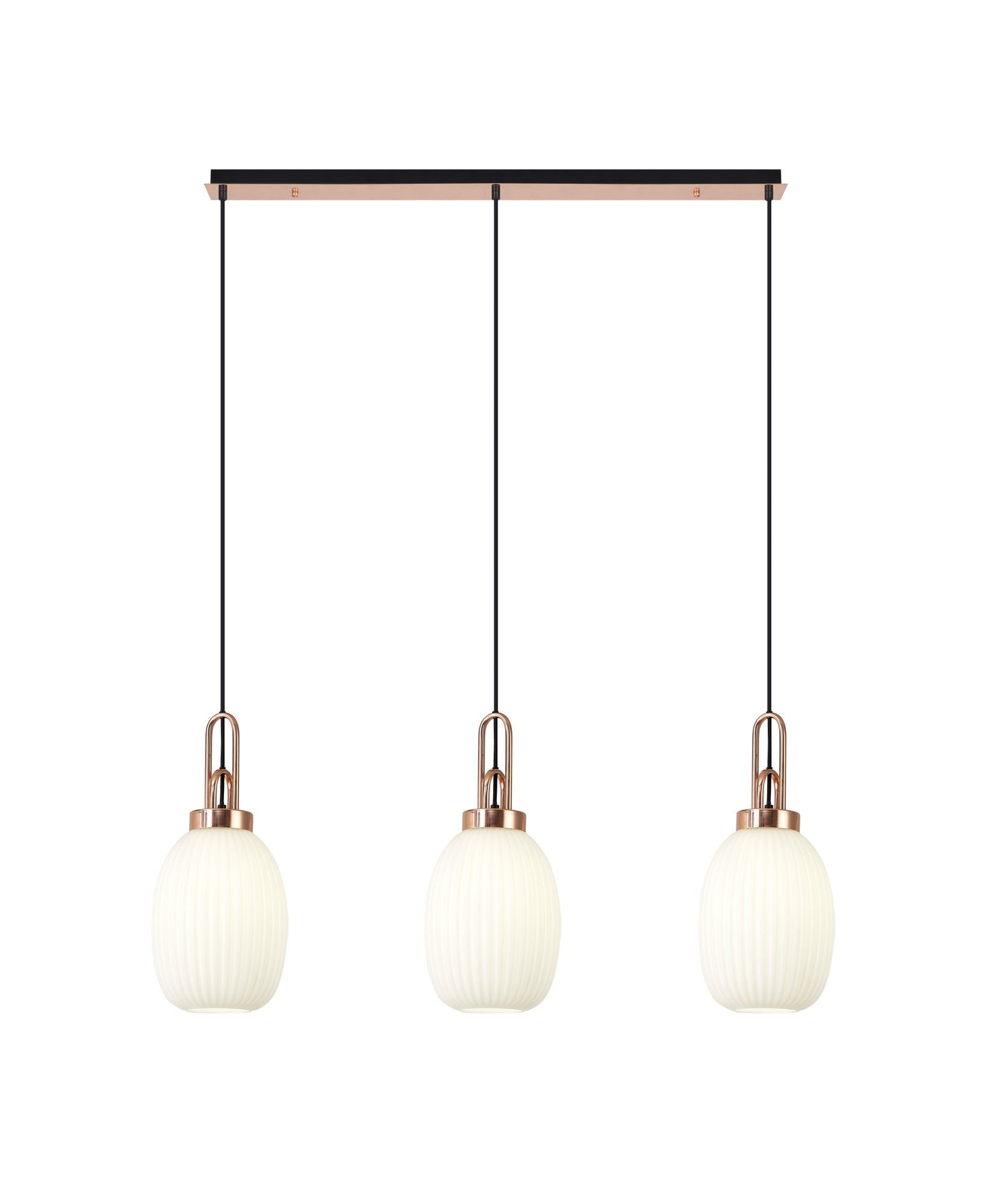 Cadiz Linear 3 Light Pendant E27 With 20cm Almond Ribbed Glass, Opal Copper/Matt Black