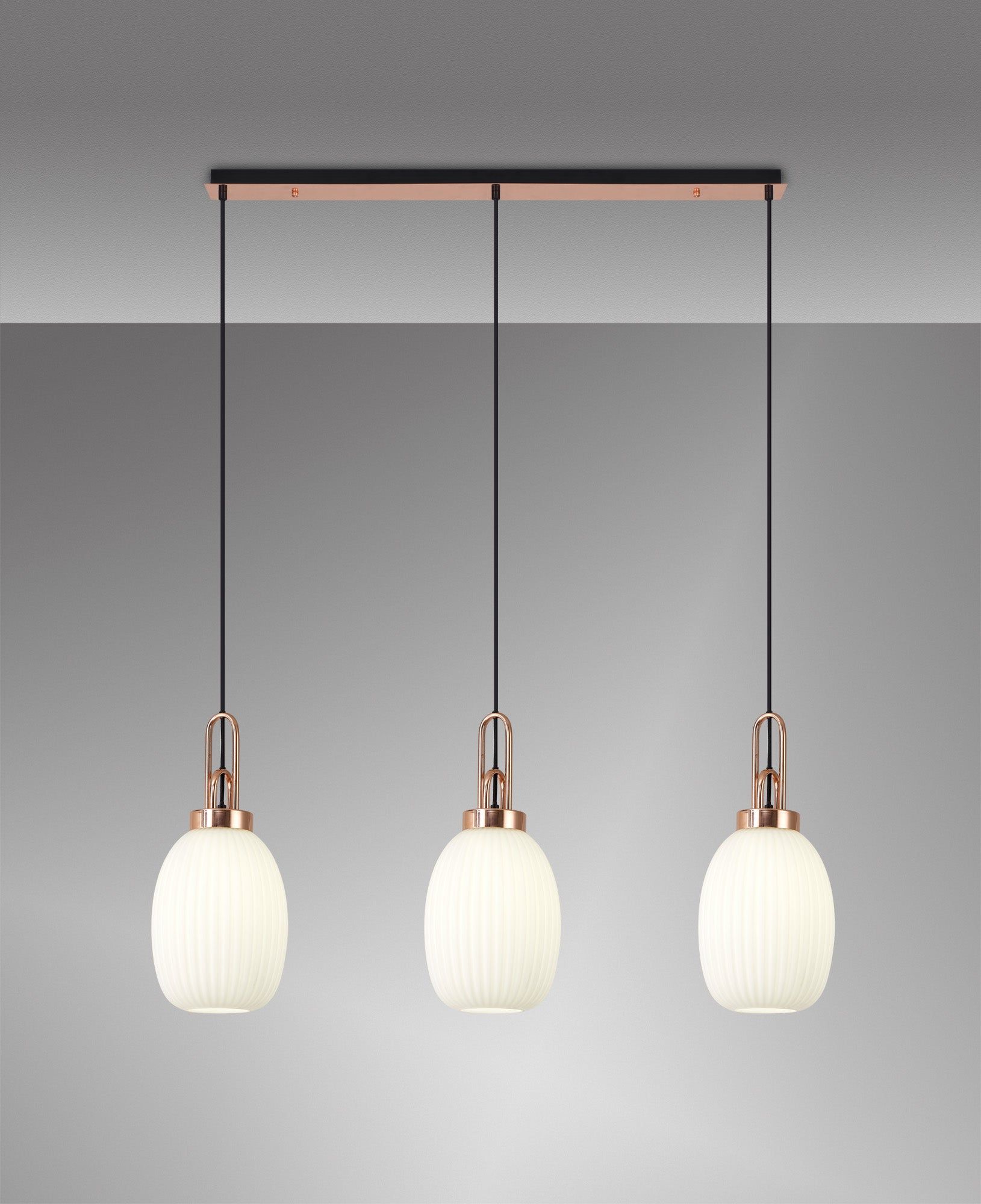 Cadiz Linear 3 Light Pendant E27 With 20cm Almond Ribbed Glass, Opal Copper/Matt Black