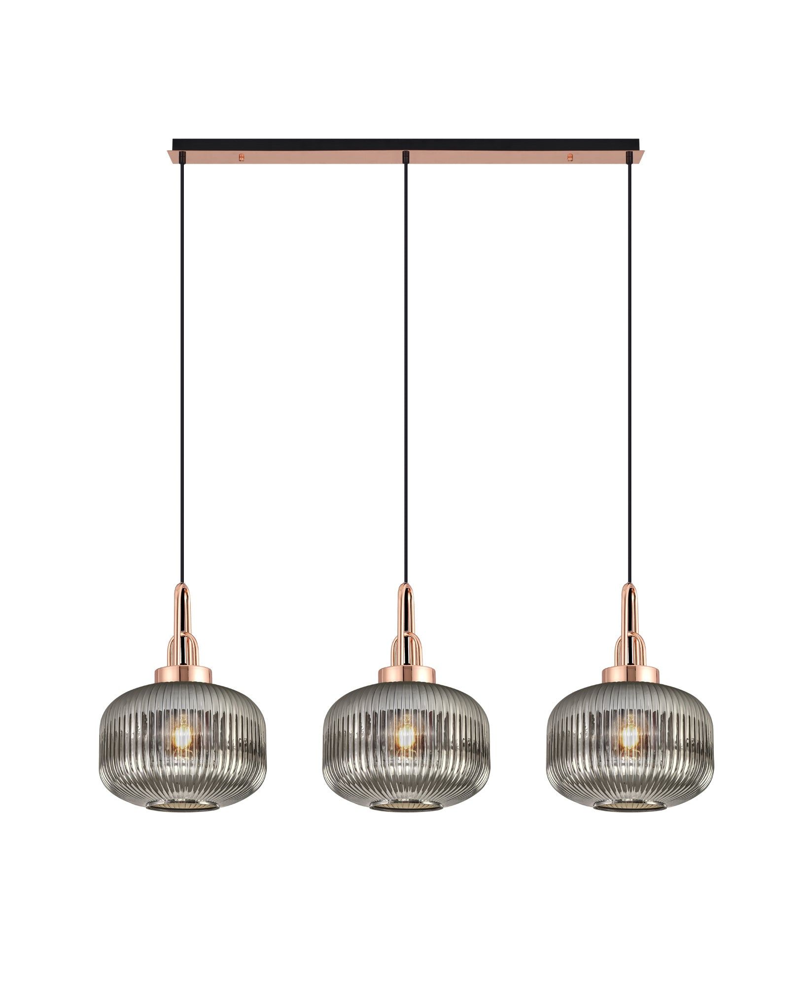 Cadiz Linear 3 Light Pendant E27, Copper/Matt Black With 30cm Pumpkin Shaped Ribbed Smoked Glass