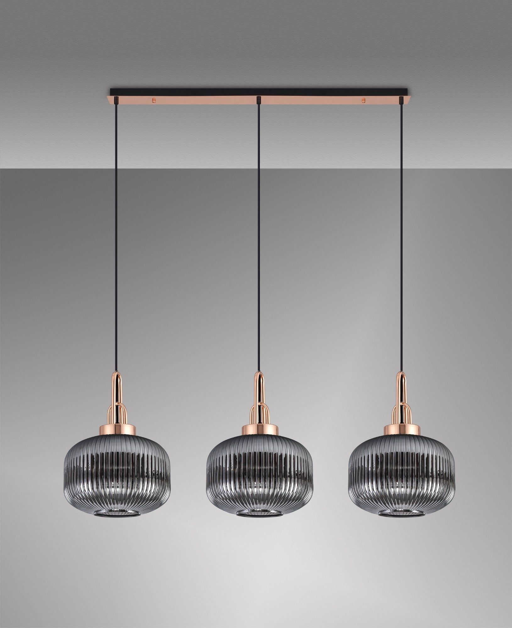 Cadiz Linear 3 Light Pendant E27, Copper/Matt Black With 30cm Pumpkin Shaped Ribbed Smoked Glass