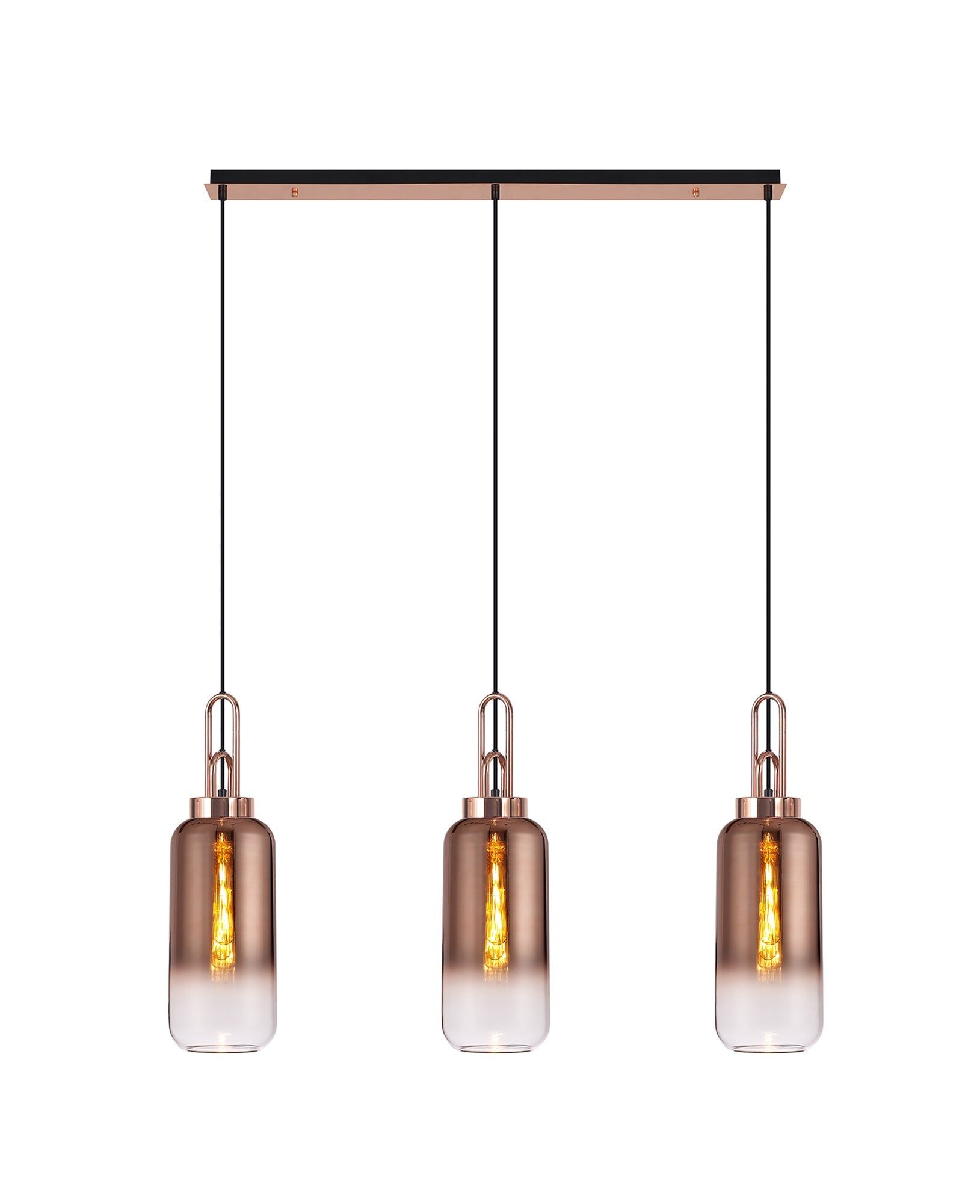 Cadiz Linear 3 Light Pendant E27 With 16cm Cylinder Glass, Copper/Clear Copper/Matt Black