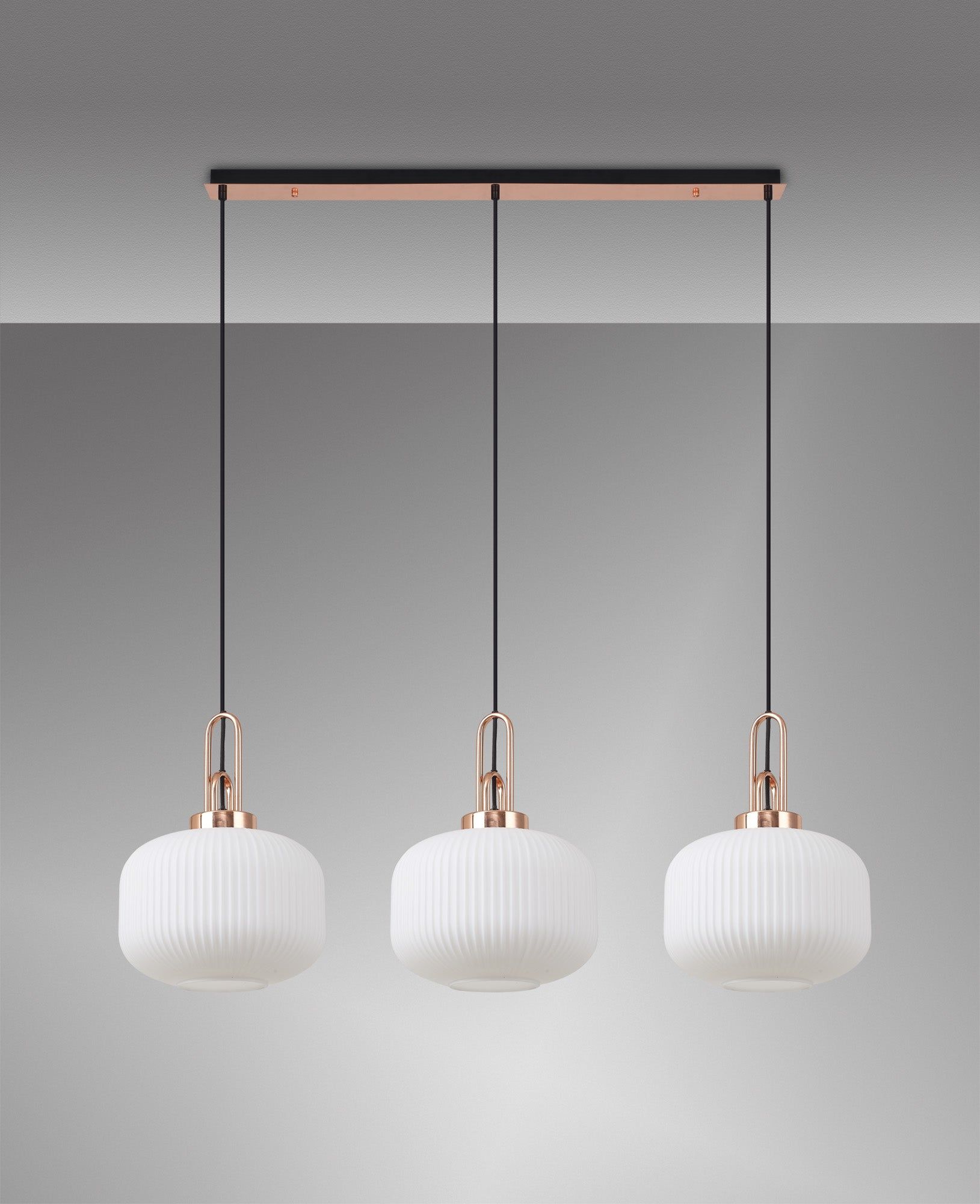 Cadiz Linear 3 Light Pendant E27, Copper/Matt Black With 30cm Pumpkin Shaped Ribbed Opal Glass