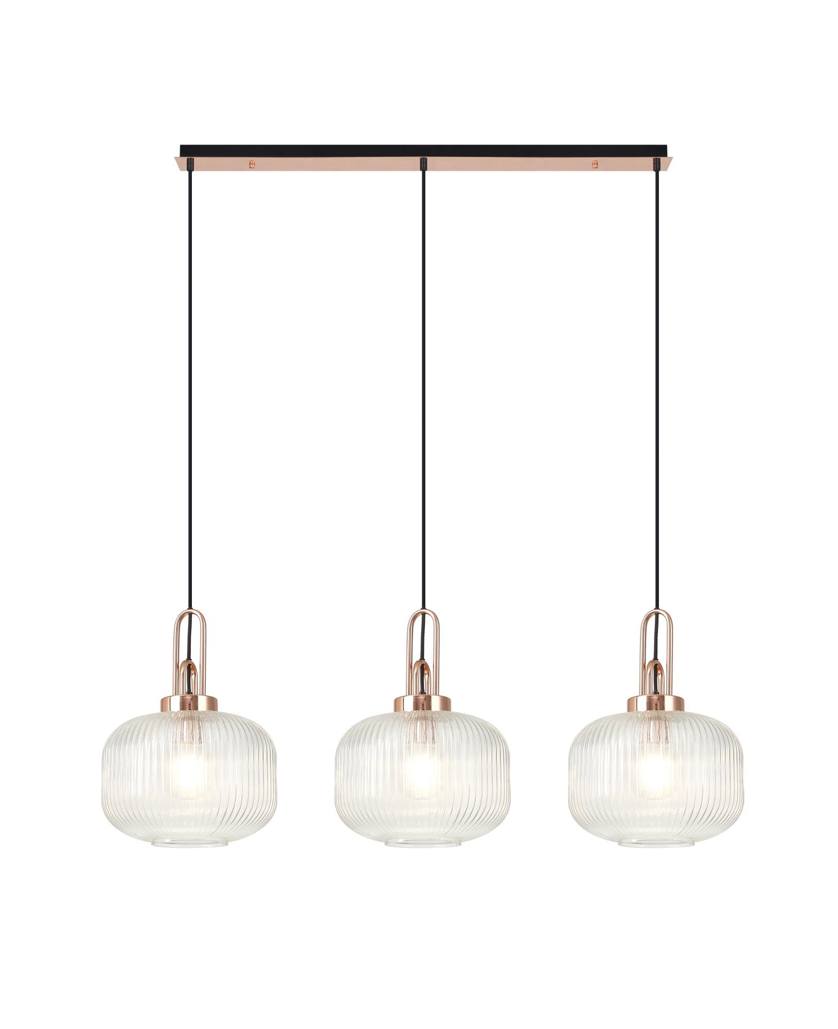 Cadiz Linear 3 Light Pendant E27, Copper/Matt Black With 30cm Pumpkin Shaped Ribbed Clear Glass