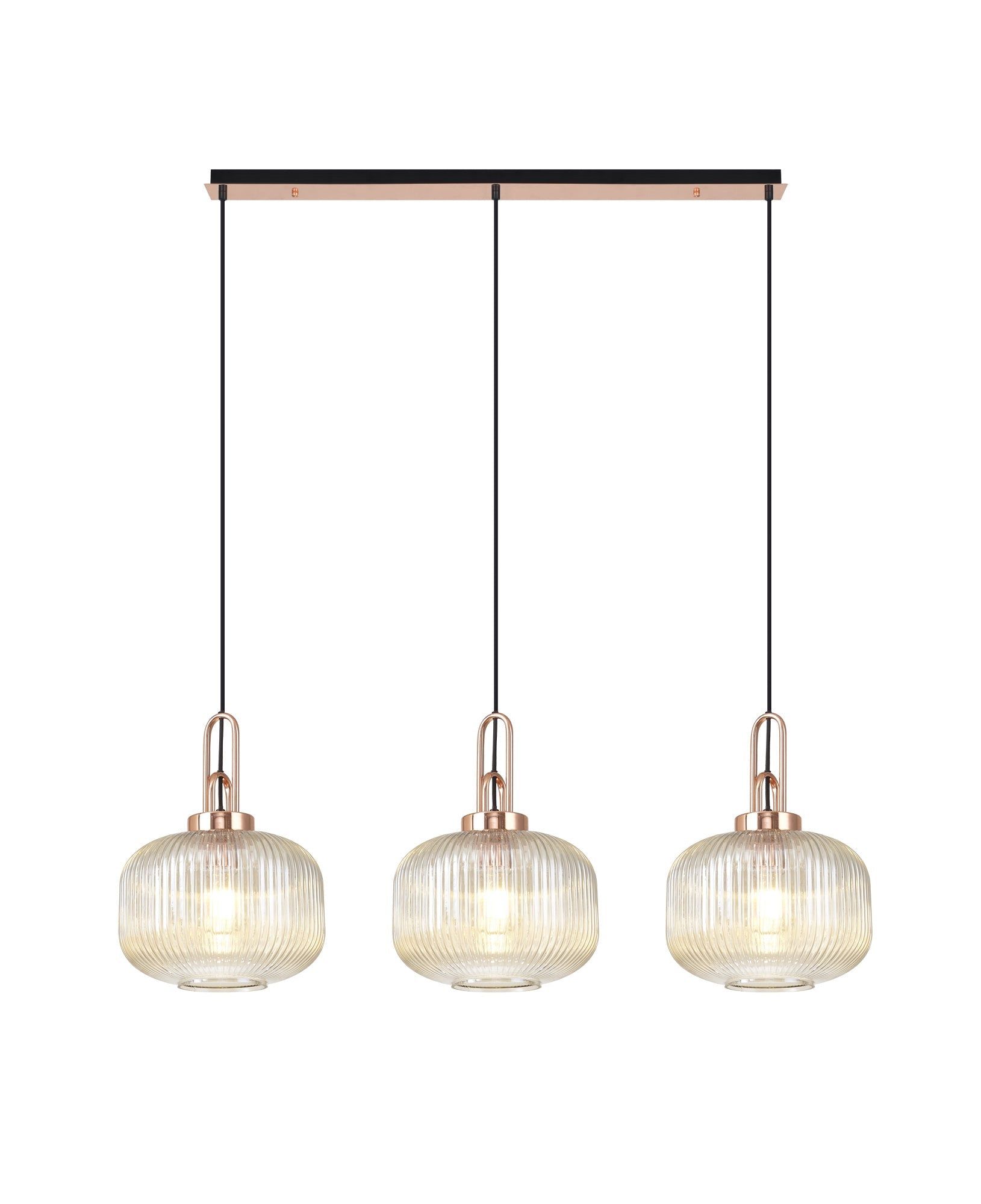 Cadiz  Linear 3 Light Pendant E27, Copper/Matt Black With 30cm Pumpkin Shaped Ribbed Champagne Glass
