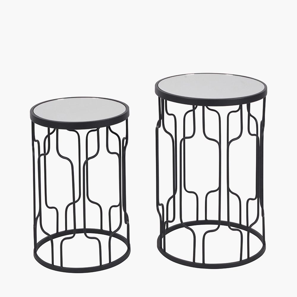 S/2 Caprisse Mirrored Glass and Graphite Metal Round Tables - Black Finish
