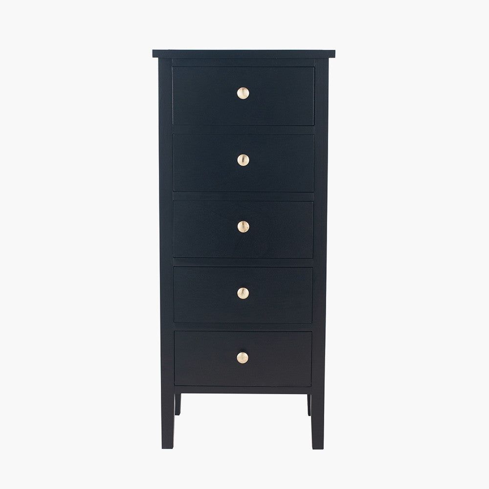 Chelmsford 5 Drawer Tall Boy - Satin Black Pine Wood Finish