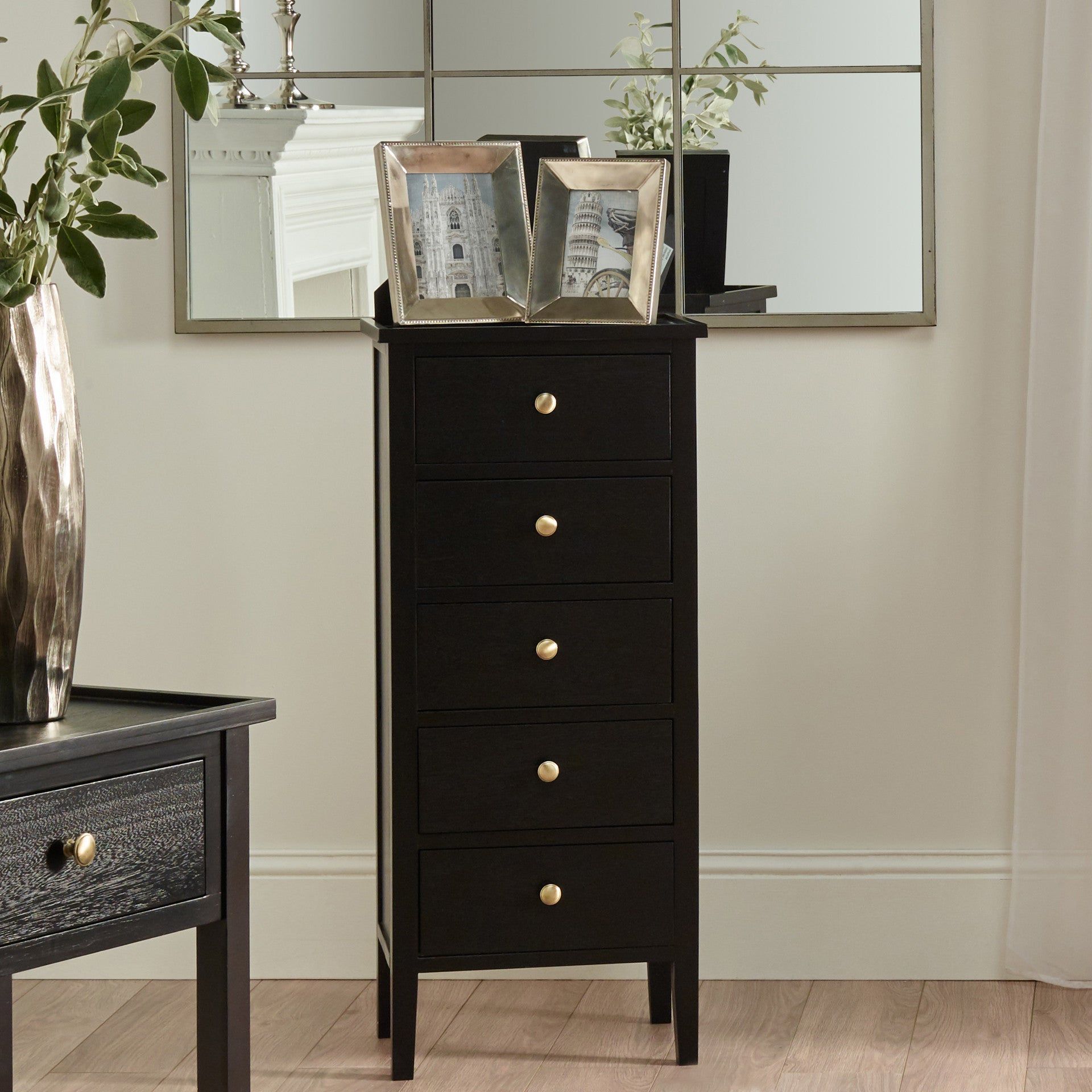 Chelmsford 5 Drawer Tall Boy - Satin Black Pine Wood Finish