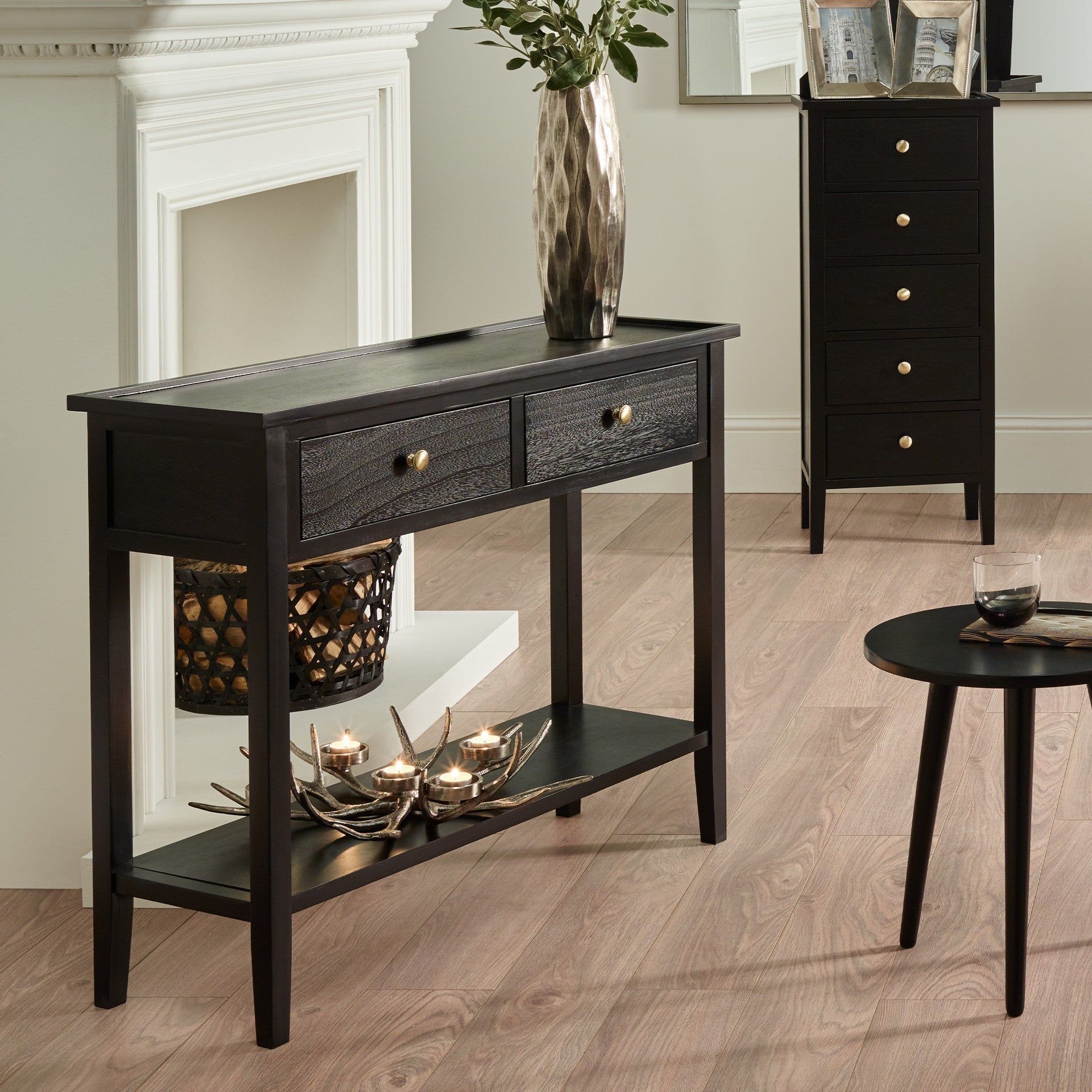 Chelmsford Pine Wood 2 Drawer Console Table K/D - Satin Black Finish