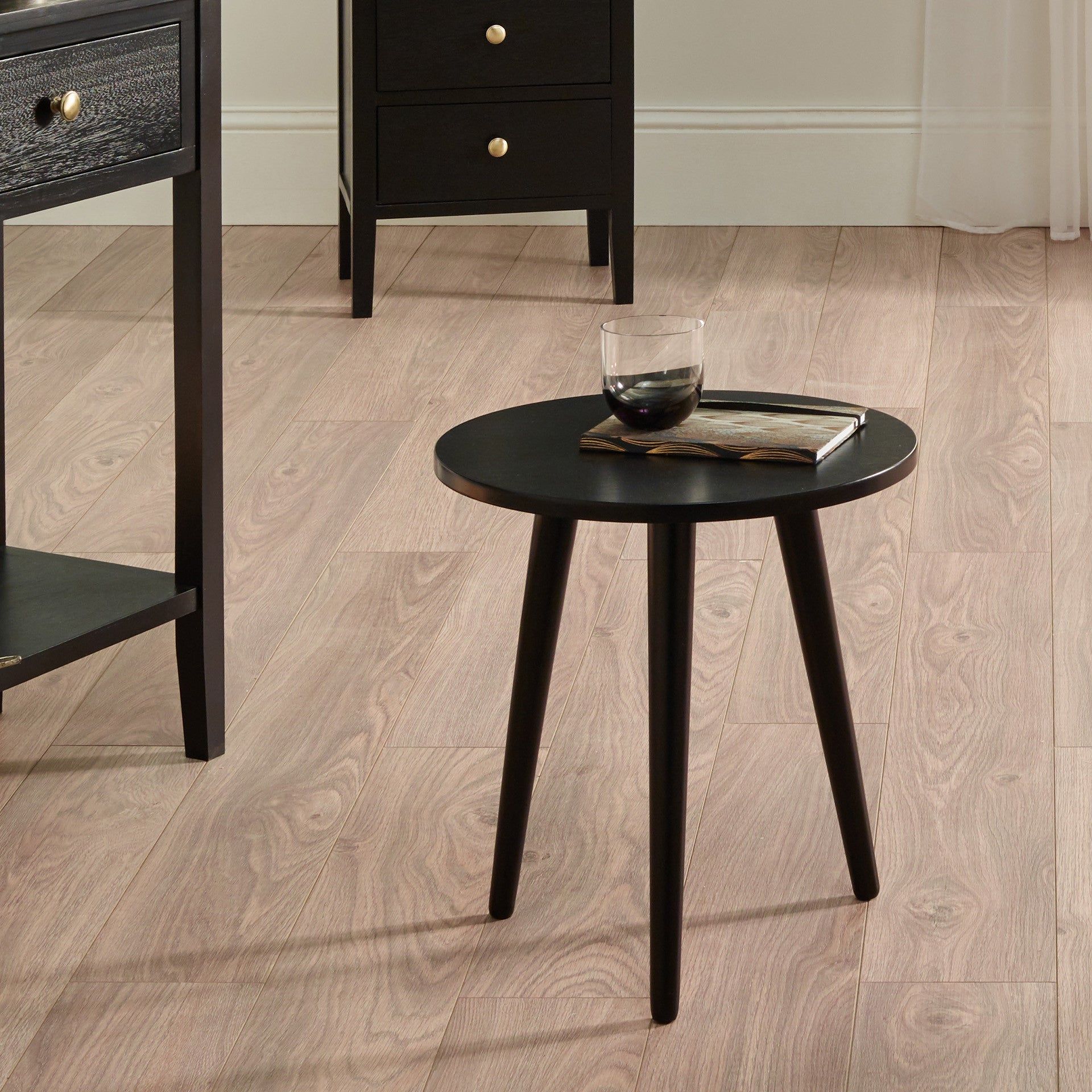 Chelmsford Round Side Table K/D- Satin Black Pine Wood Finish