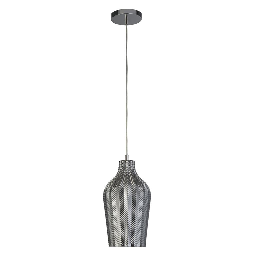 Chevron Pendant - Chrome Metal & Smoked Ribbed Glass