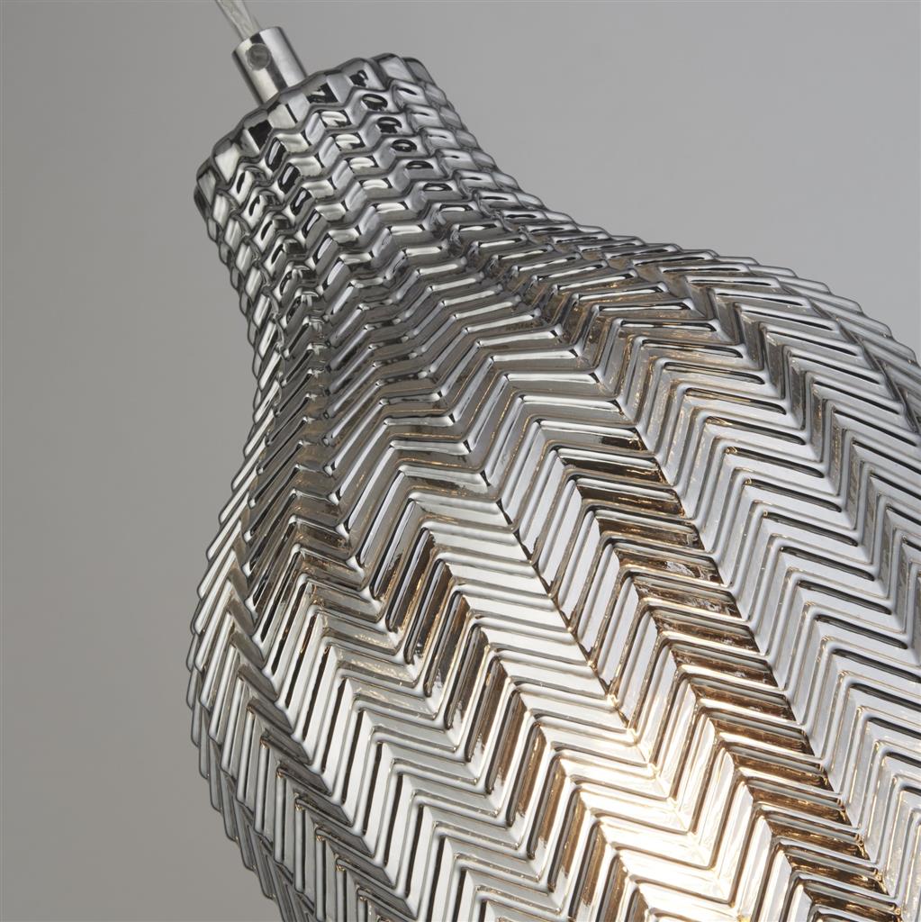 Chevron Pendant - Chrome Metal & Smoked Ribbed Glass