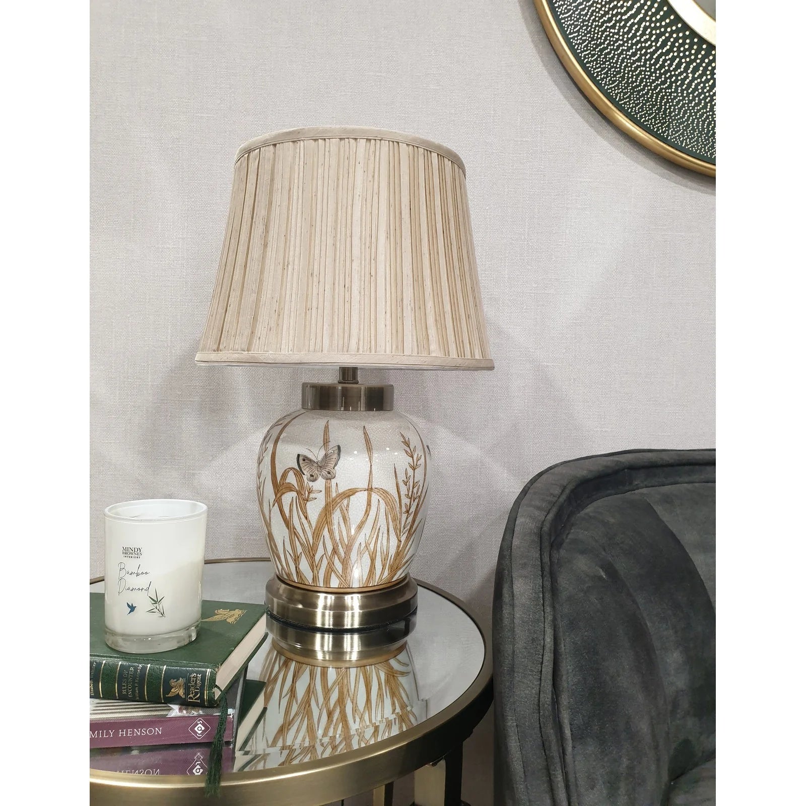 Chloe Lamp - Floral Ceramic & Pleated Beige Finish