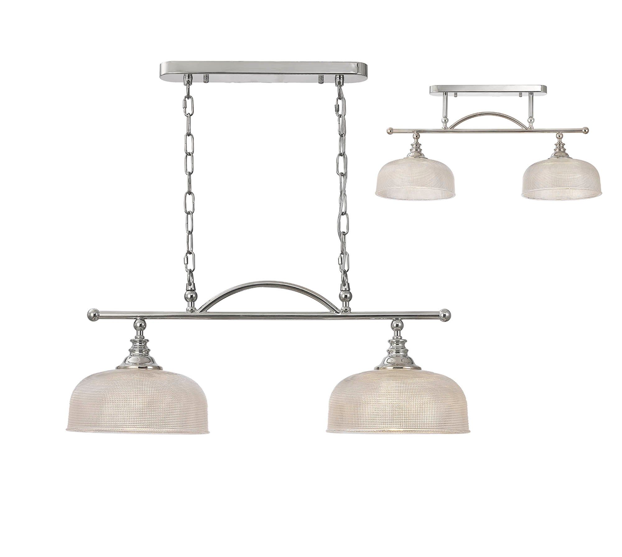 Shelbourne Semi Flush / Pendant Bar, 2 Light Adjustable E27, Satin Nickel, Polished Nickel, Antique Brass / Prismatic Glass