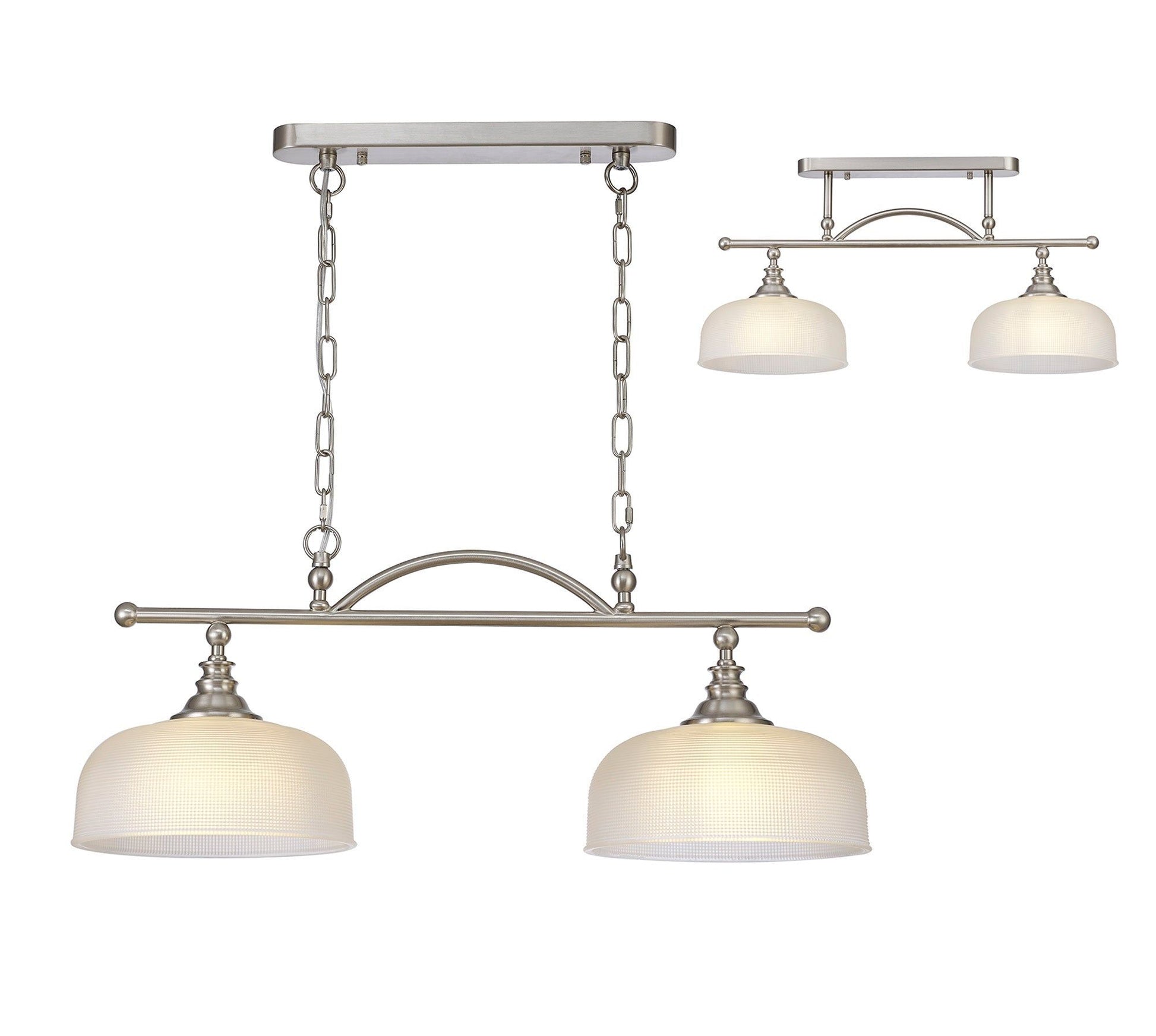 Shelbourne Semi Flush / Pendant Bar, 2 Light Adjustable E27, Satin Nickel, Polished Nickel, Antique Brass / Prismatic Glass