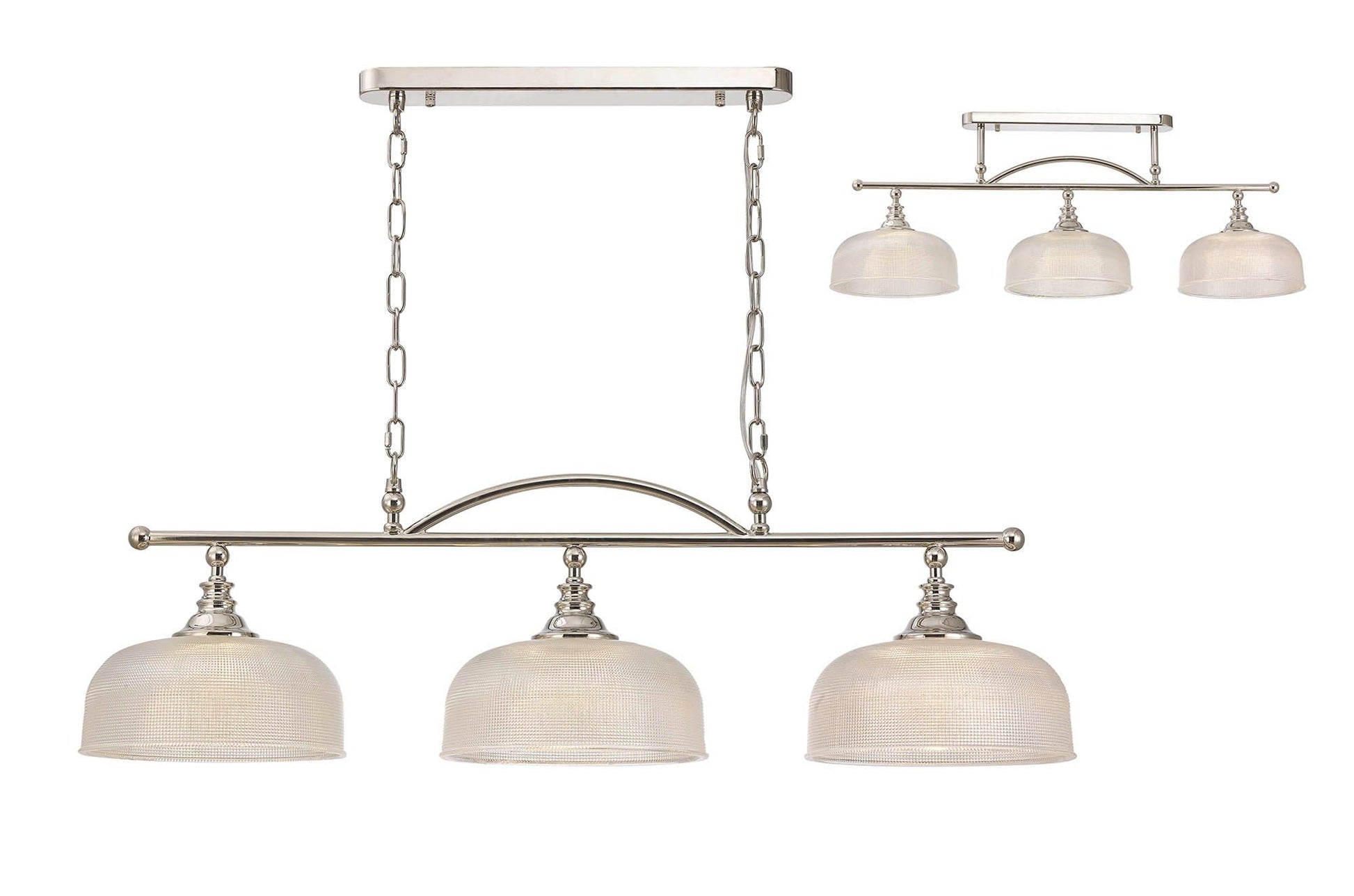 Isola Semi Flush / Pendant Bar, 3 Light Adjustable E27, Satin Nickel , Polished Nickel, Antique Brass / Prismatic Glass