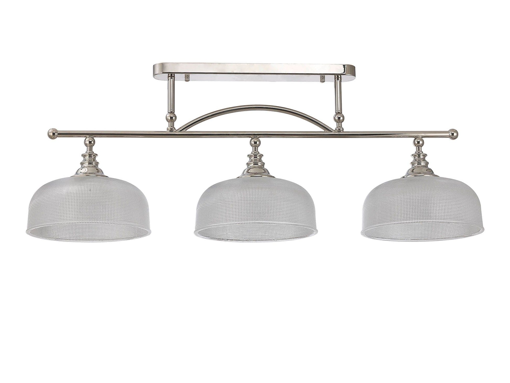 Isola Semi Flush / Pendant Bar, 3 Light Adjustable E27, Satin Nickel , Polished Nickel, Antique Brass / Prismatic Glass