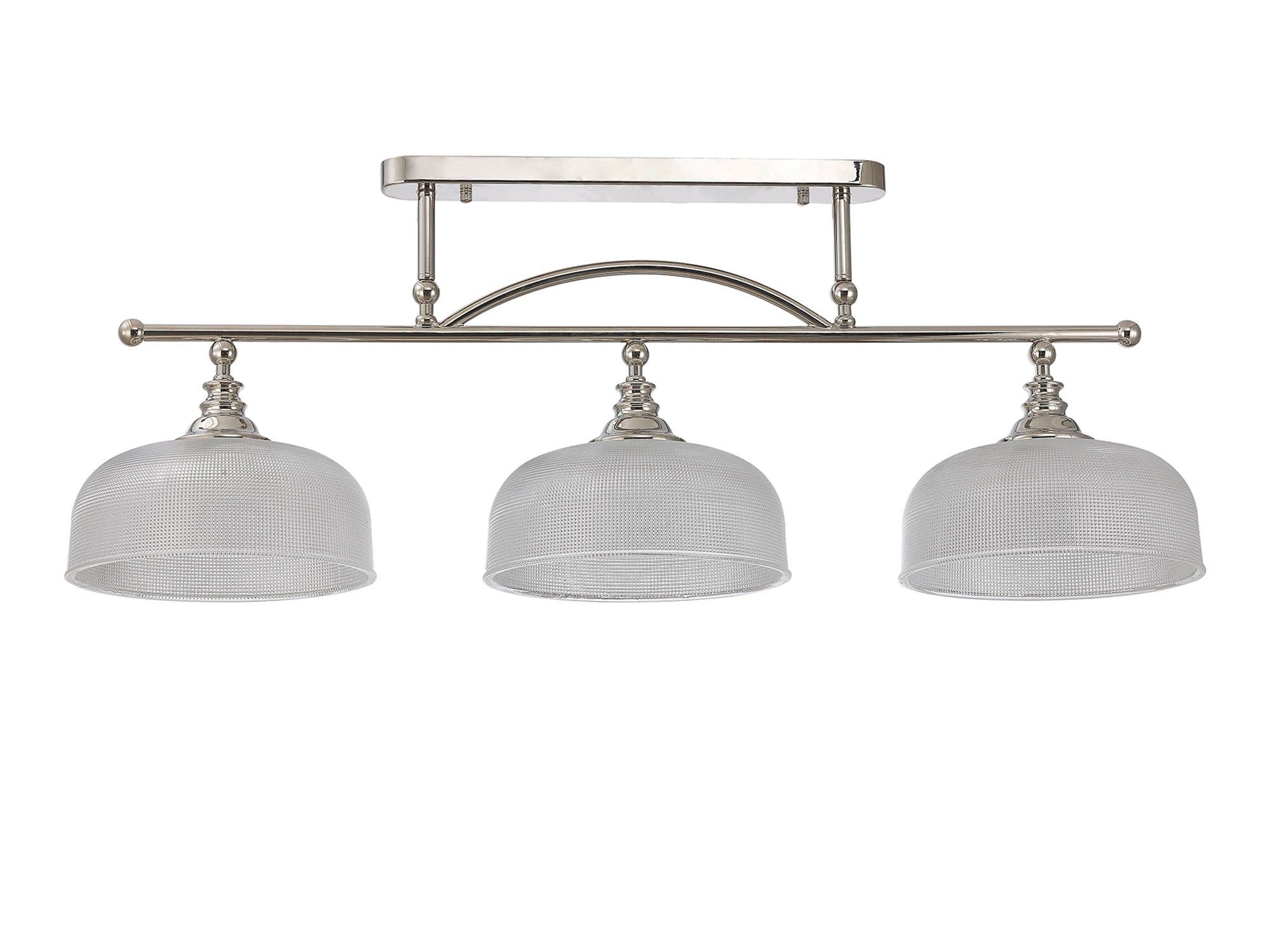 Isola Semi Flush / Pendant Bar, 3 Light Adjustable E27, Satin Nickel , Polished Nickel, Antique Brass / Prismatic Glass