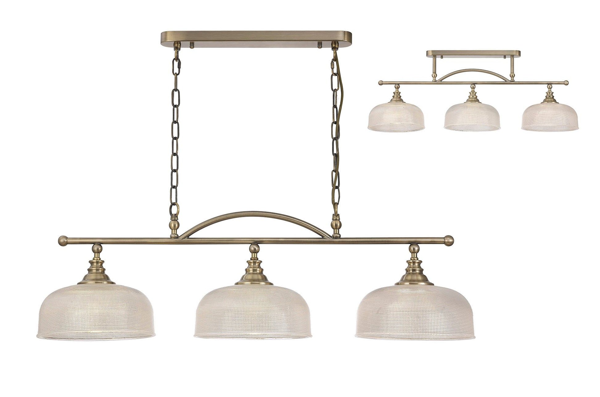 Isola Semi Flush / Pendant Bar, 3 Light Adjustable E27, Satin Nickel , Polished Nickel, Antique Brass / Prismatic Glass