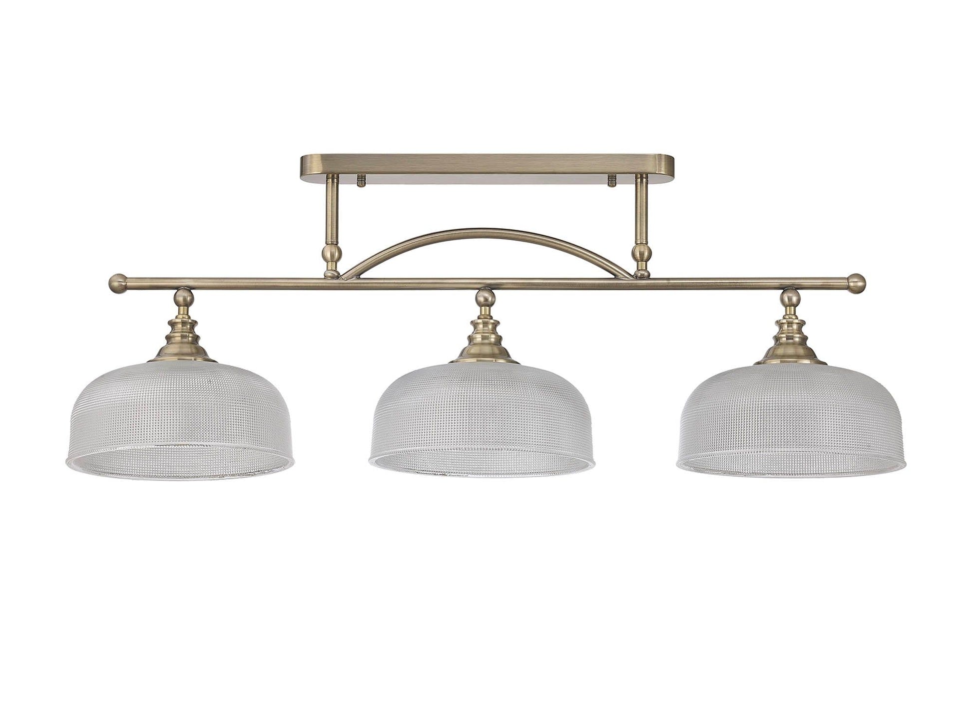 Isola Semi Flush / Pendant Bar, 3 Light Adjustable E27, Satin Nickel , Polished Nickel, Antique Brass / Prismatic Glass