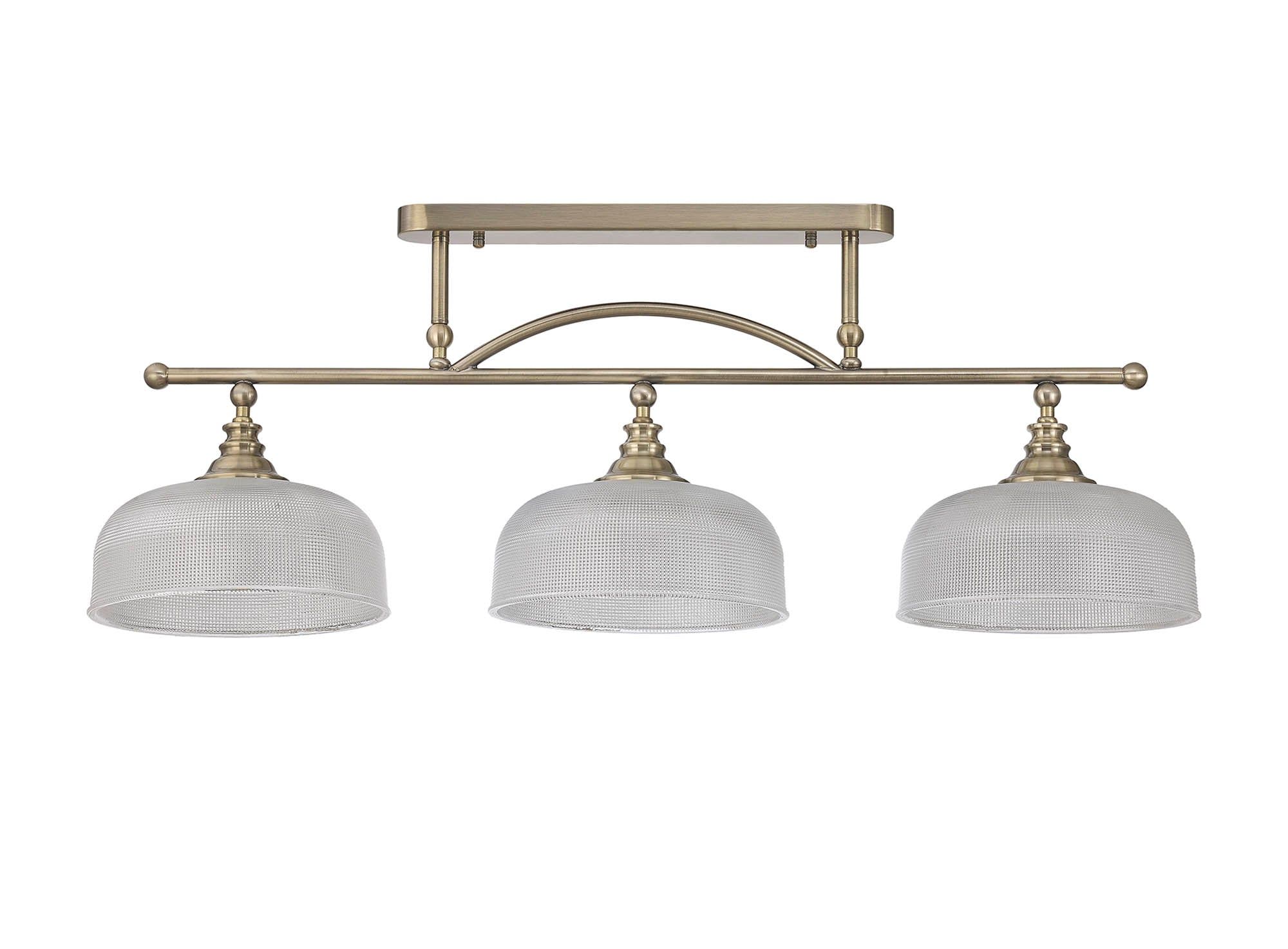 Isola Semi Flush / Pendant Bar, 3 Light Adjustable E27, Satin Nickel , Polished Nickel, Antique Brass / Prismatic Glass