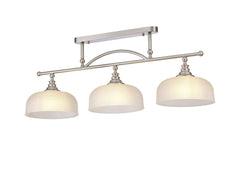 Isola Semi Flush / Pendant Bar, 3 Light Adjustable E27, Satin Nickel , Polished Nickel, Antique Brass / Prismatic Glass