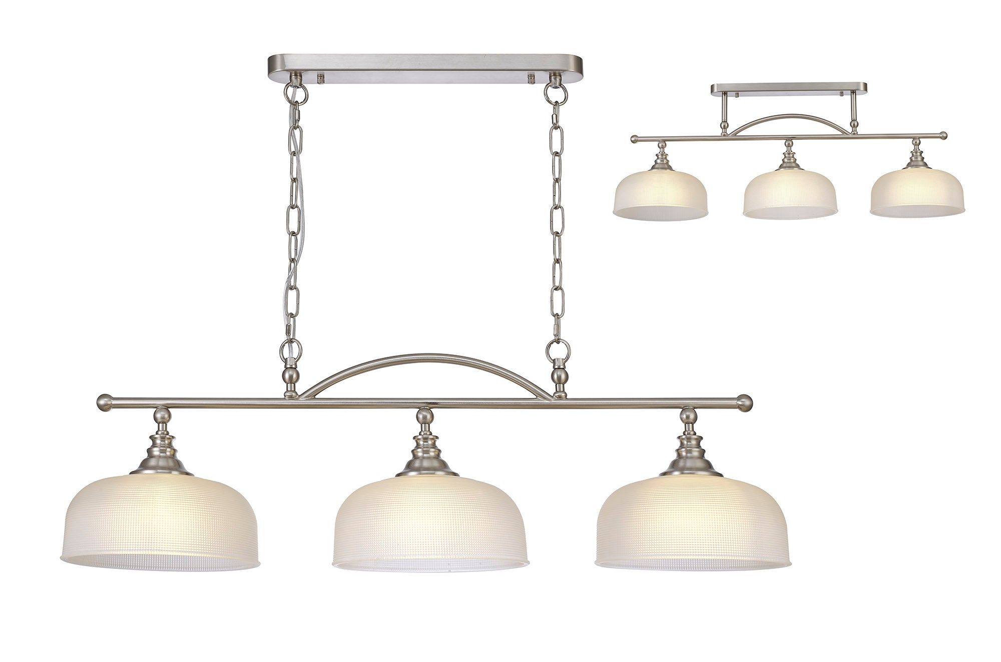 Isola Semi Flush / Pendant Bar, 3 Light Adjustable E27, Satin Nickel , Polished Nickel, Antique Brass / Prismatic Glass